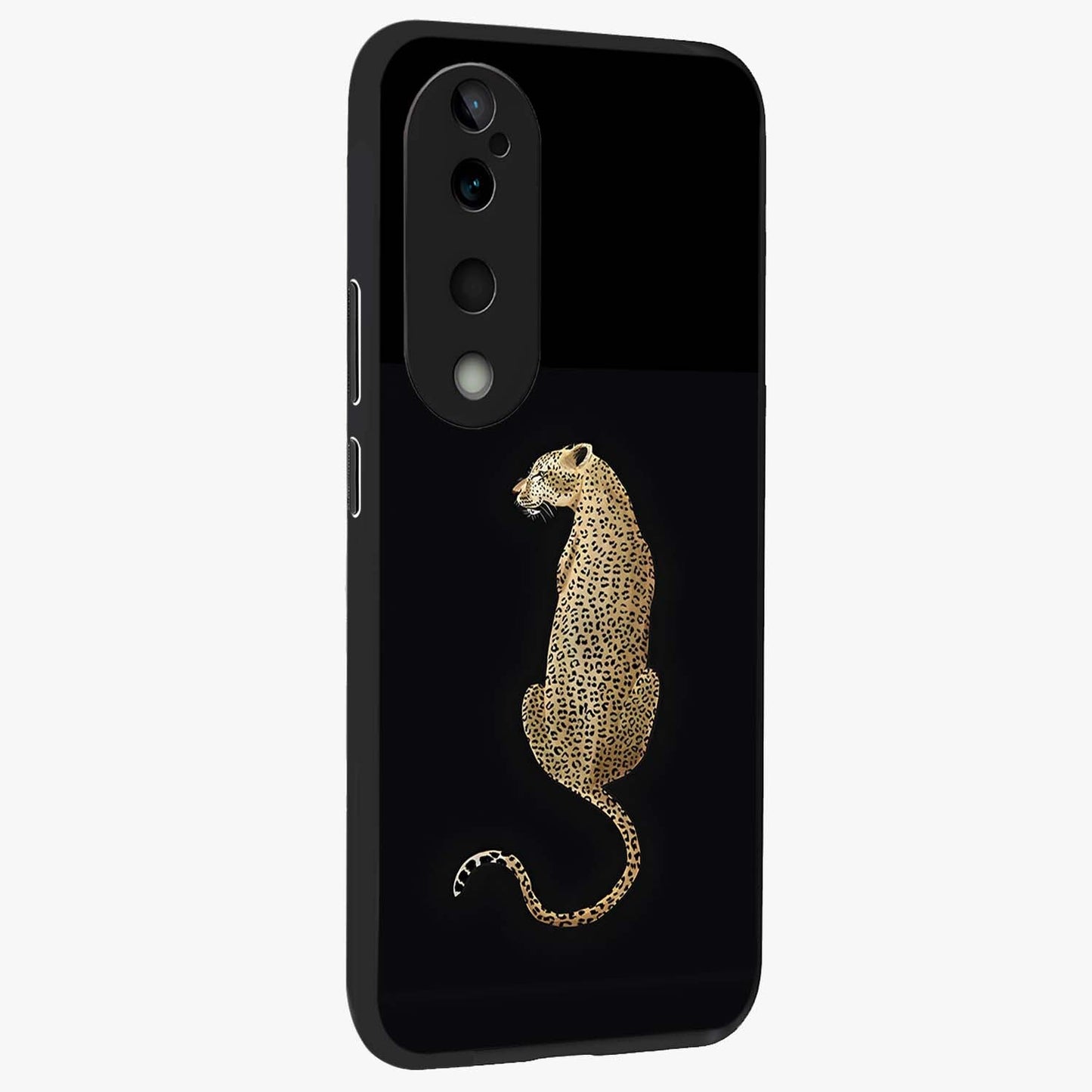 Regal Leopard Glass Case upright view showcasing striking leopard artwork with fierce wildlife theme.