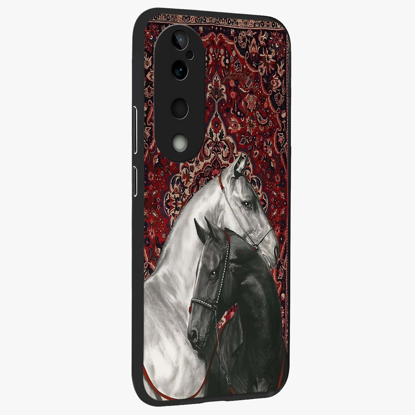 Regal Stallion Tapestry Glass Case upright view showcasing powerful horse artwork with elegant tapestry theme.