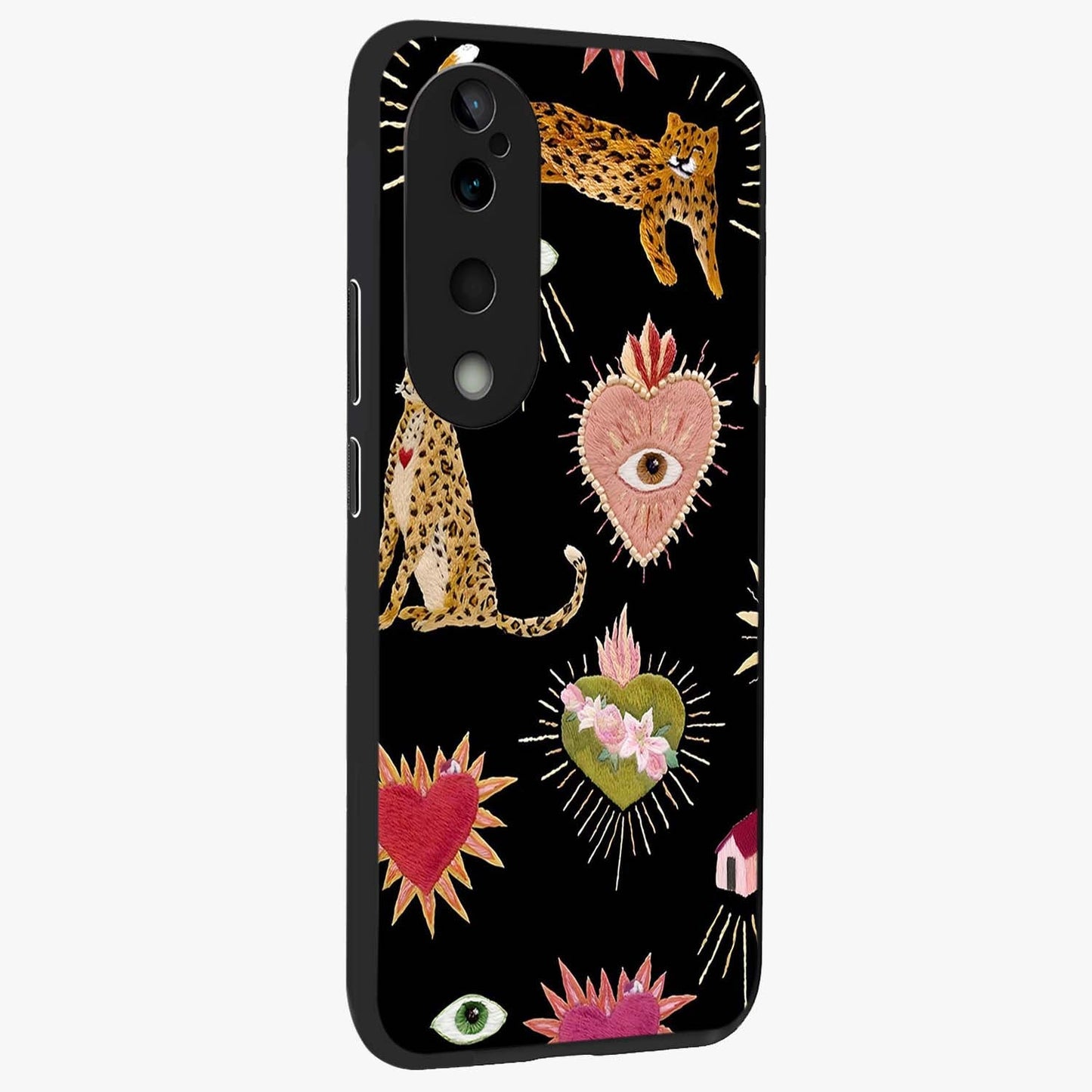 Sacred Jungle Heart Glass Case upright view showcasing vibrant jungle artwork with symbolic heart theme.