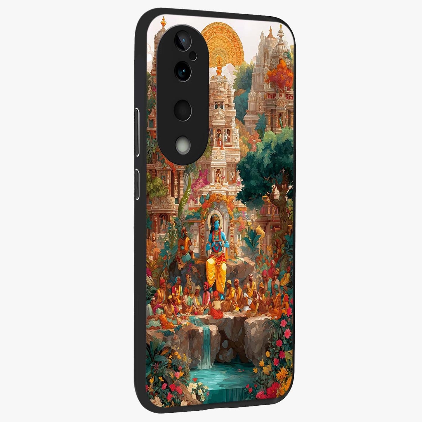 Sacred Sunlight Gods Glass Case upright view showcasing glowing divine artwork with sacred mythological theme.