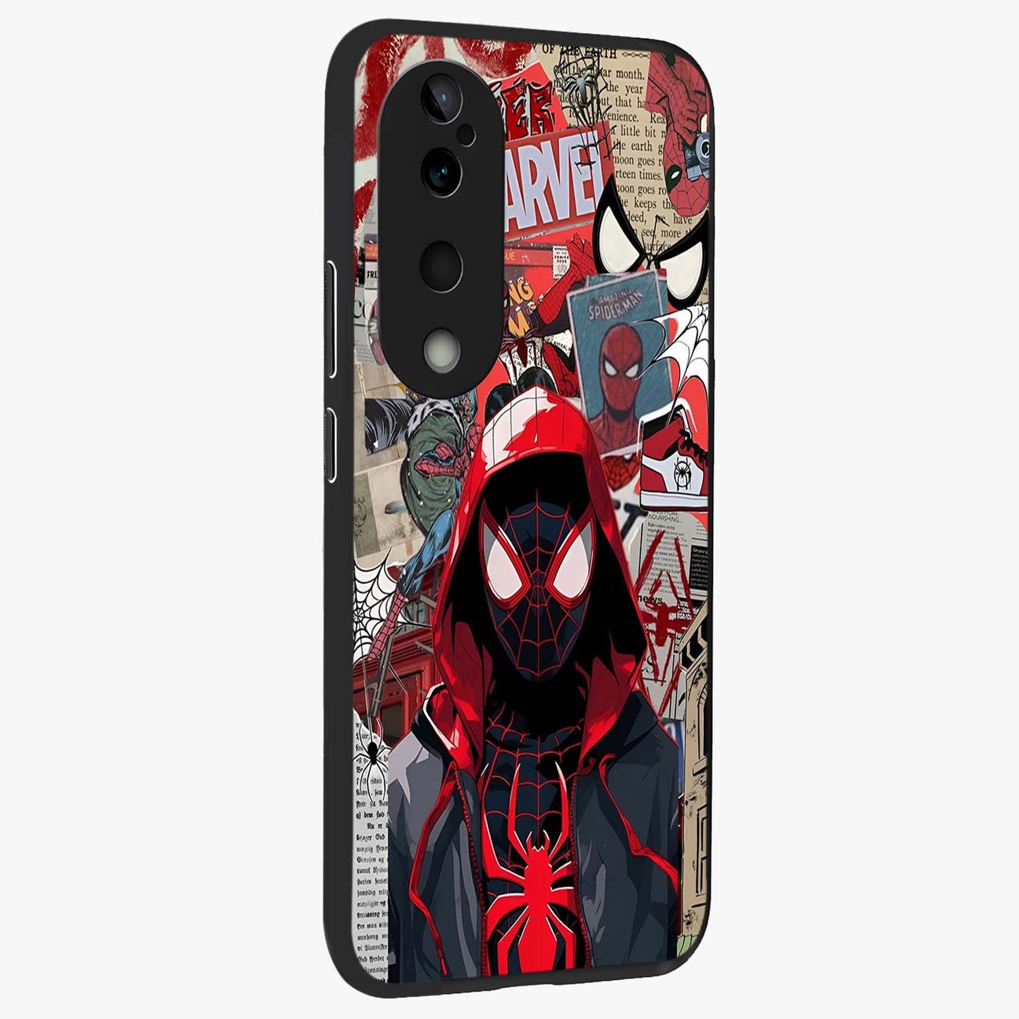 Spider Collage Street Glass Case upright view showcasing bold superhero artwork with urban street theme.