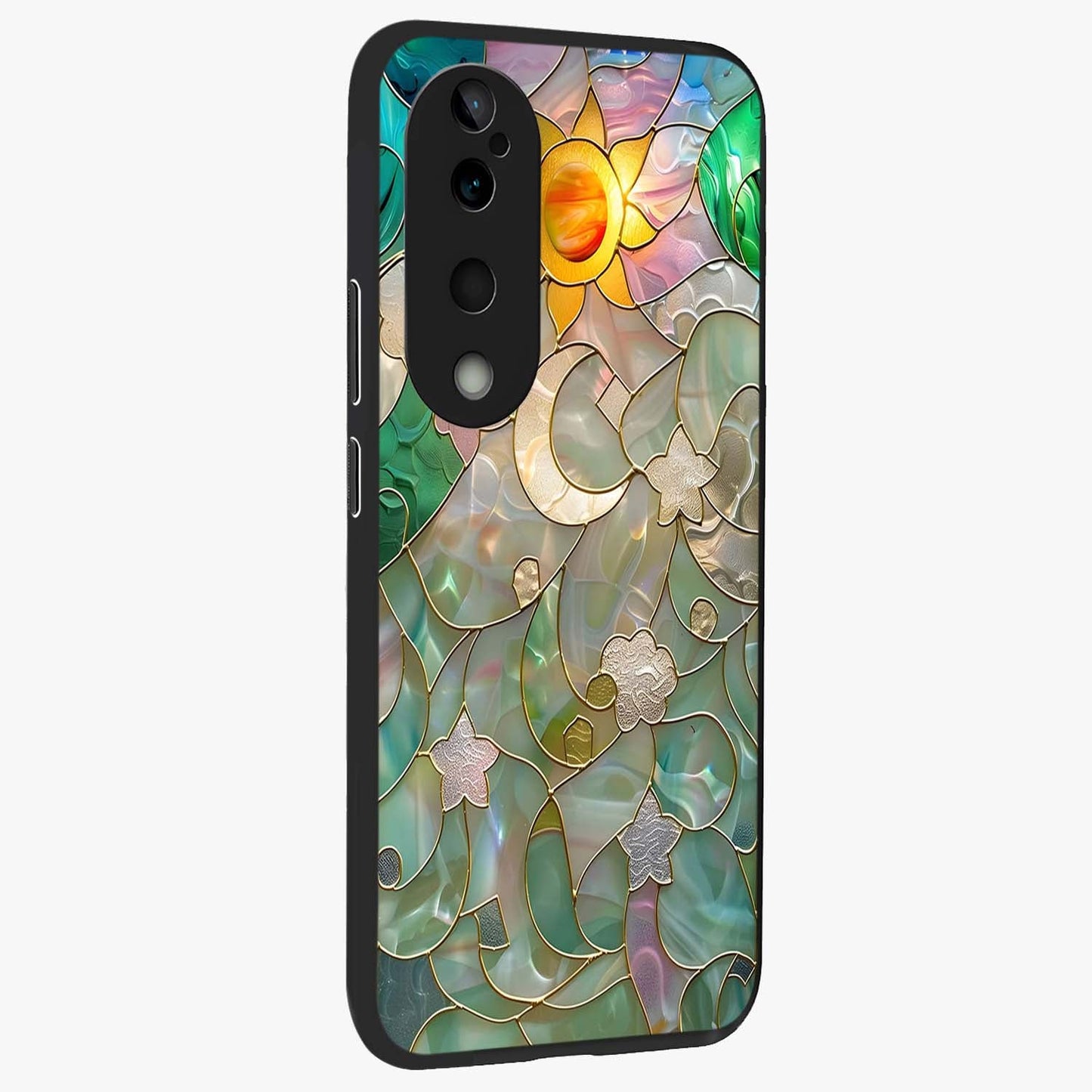Stained Sunrise Glow Glass Case upright view showcasing colorful sunrise artwork with warm morning theme.