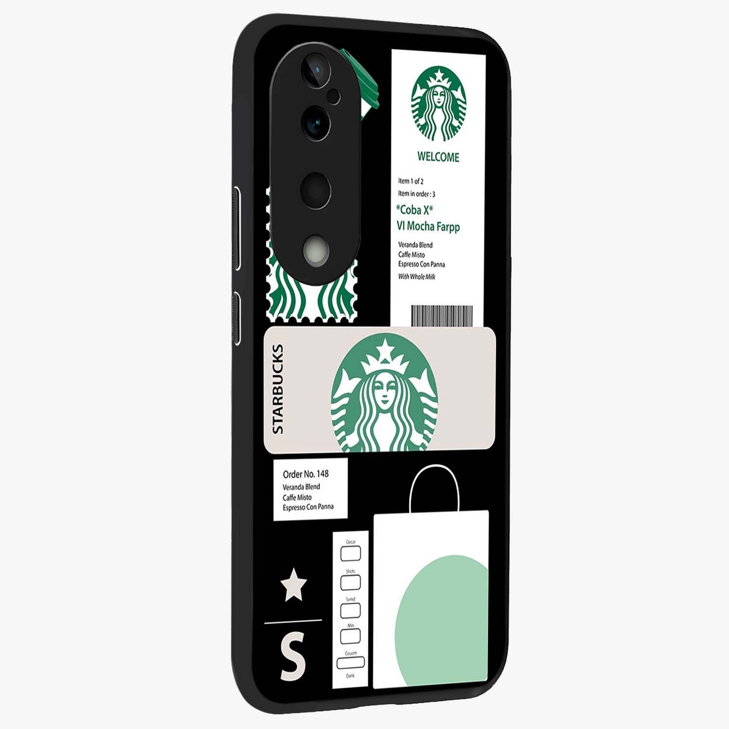 Starbucks Mocha Glass Case upright view showcasing trendy coffee inspired artwork with modern lifestyle theme.