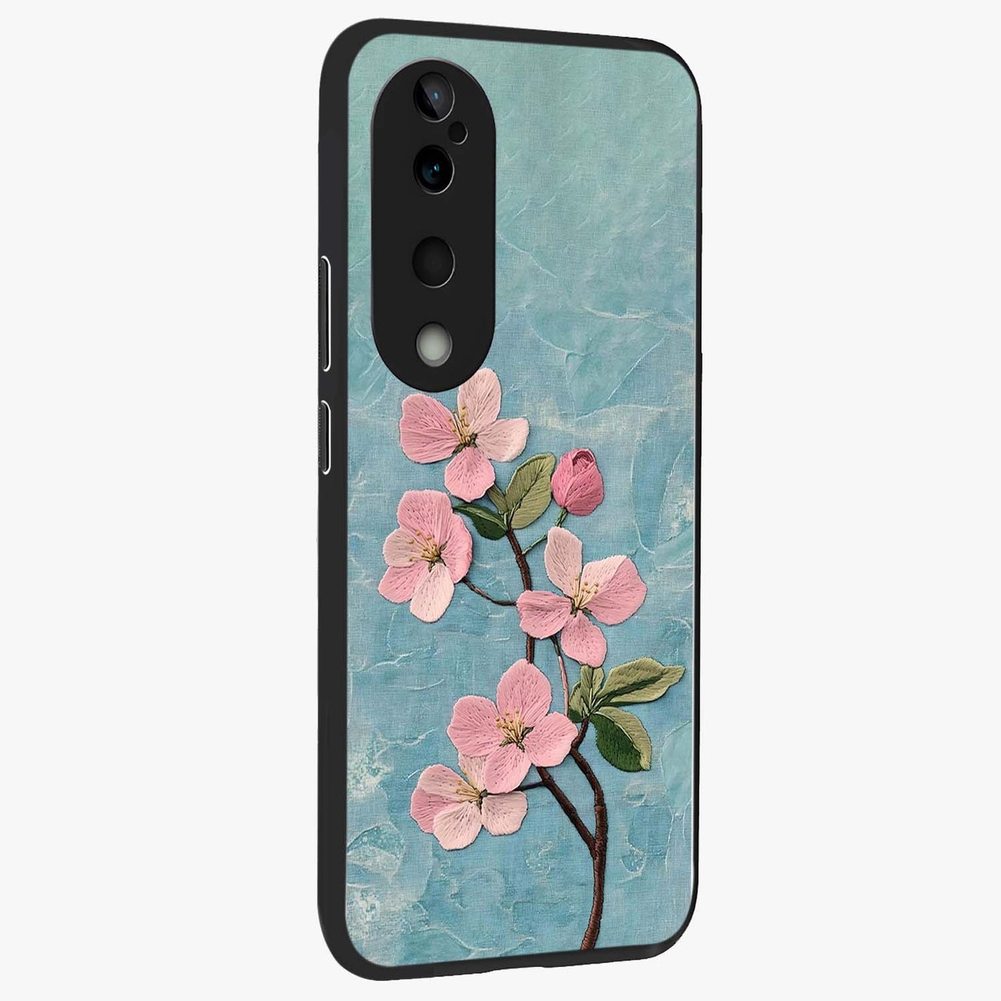 Threaded Blossom Breeze Glass Case upright view showcasing graceful flower artwork with calm botanical theme.