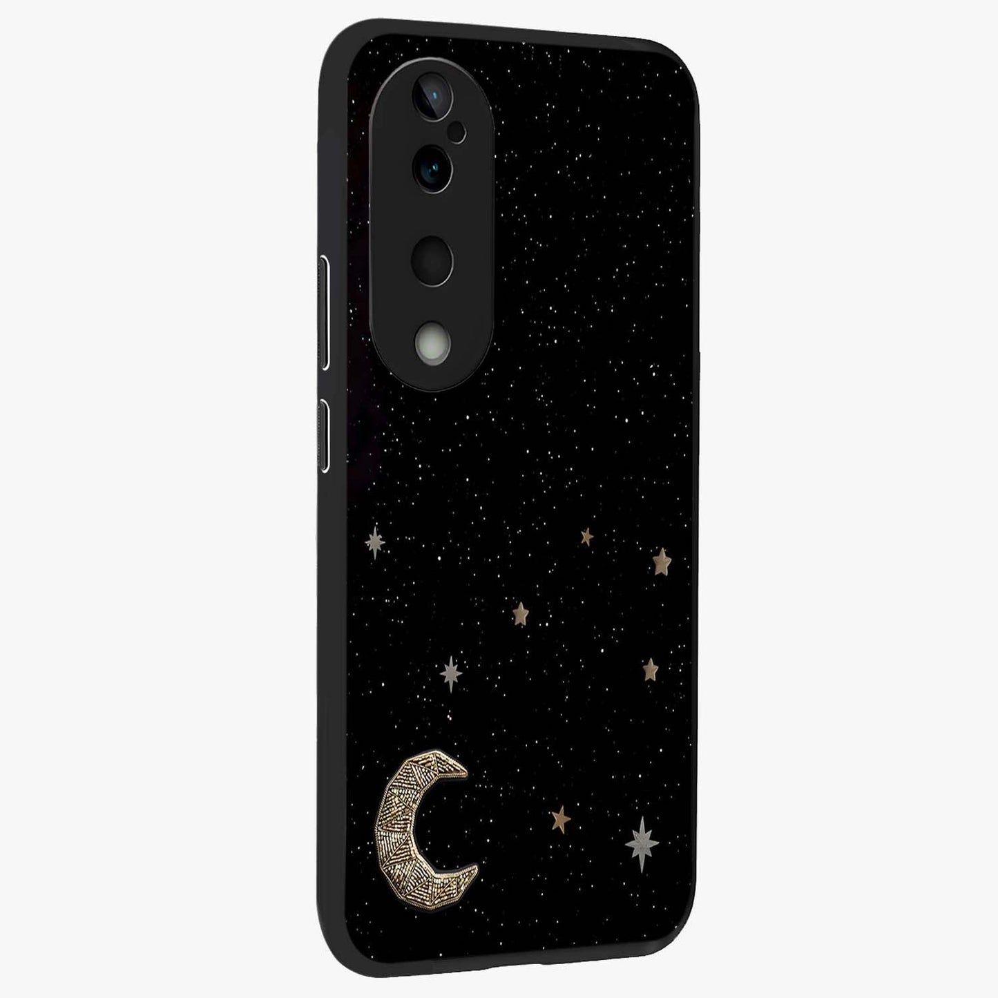 Twinkle Star With Half Moon Glass Case upright view showcasing glowing cosmic artwork with dreamy night theme.