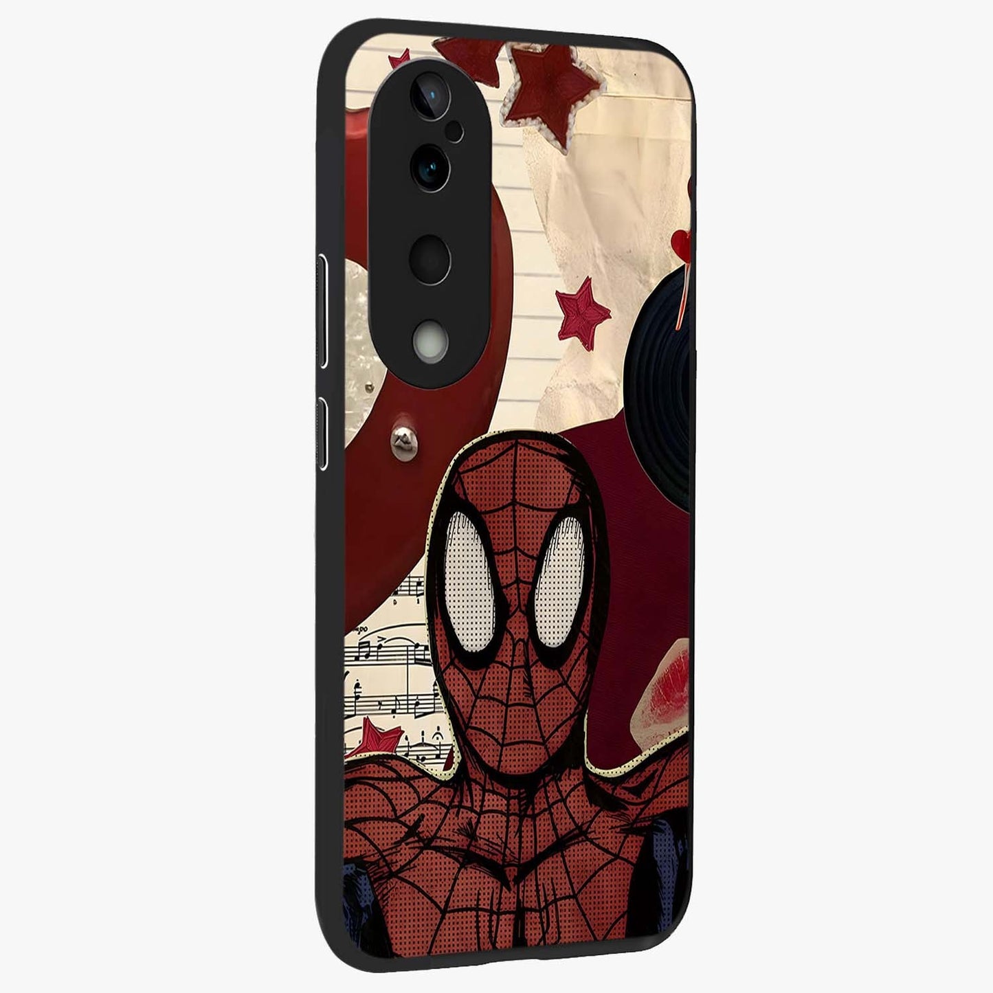 Web Warrior Vibes Glass Case upright view showcasing energetic superhero artwork with bold action theme.