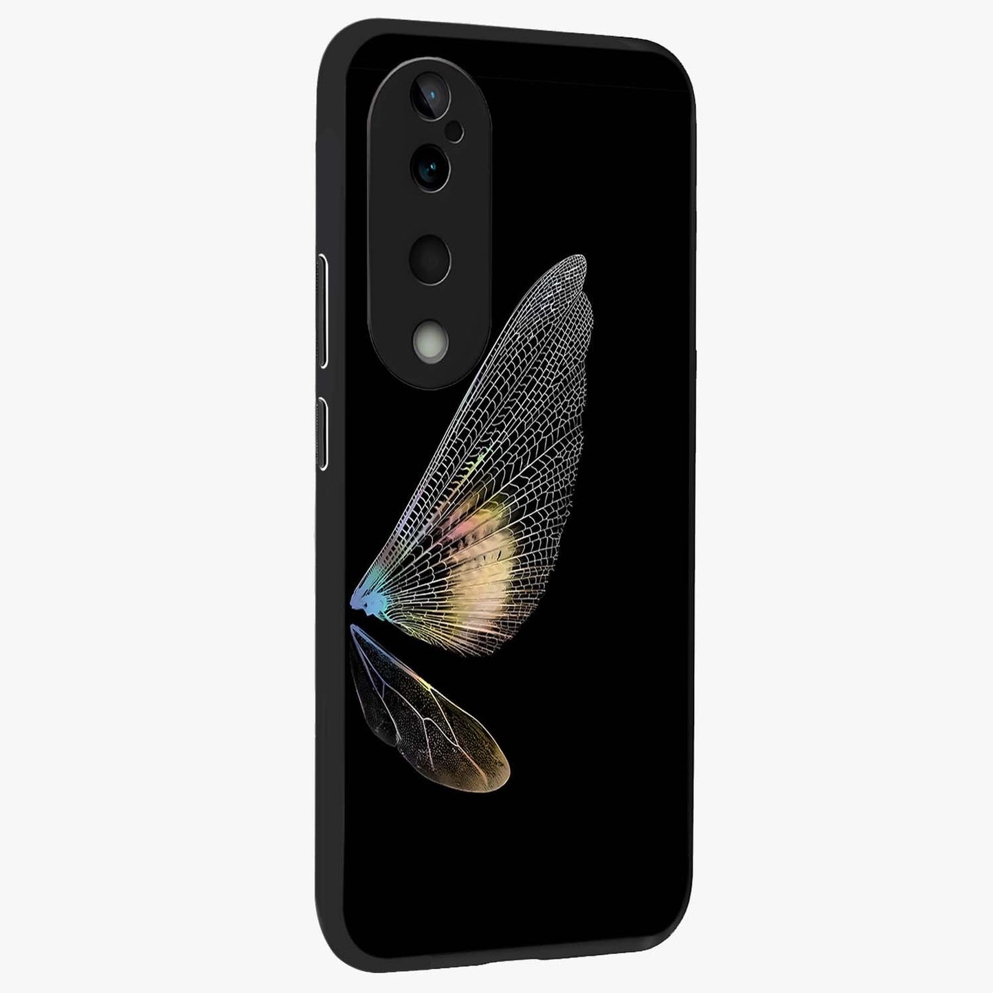 Whispers Of Wings Glass Case upright view showcasing elegant wing artwork with light airy theme.