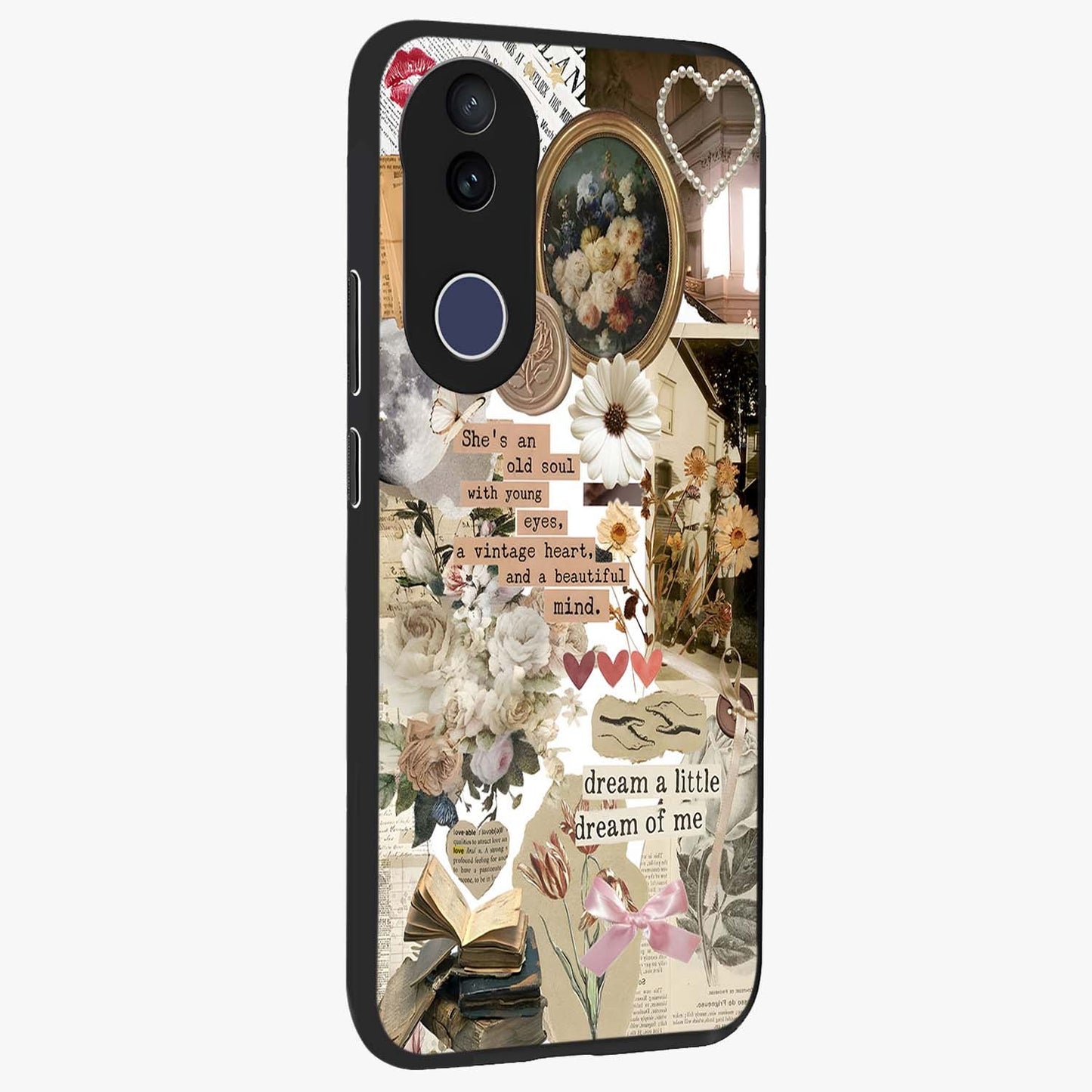 Aesthetic Brown Vintage Collage Glass Case upright view showcasing nostalgic retro artwork with stylish vintage theme.