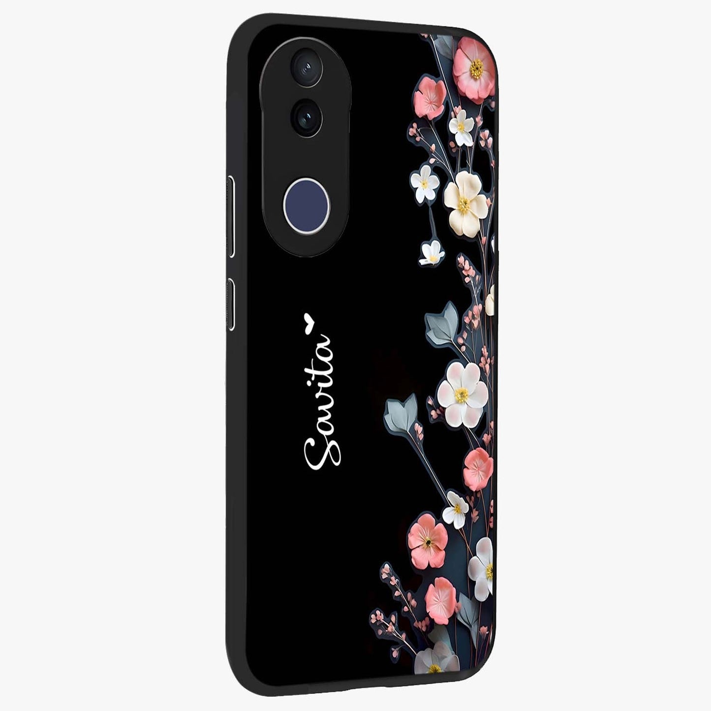 Black Elegance Floral Custom Name Glass Case upright view showcasing luxurious black floral design with personalized name detail.