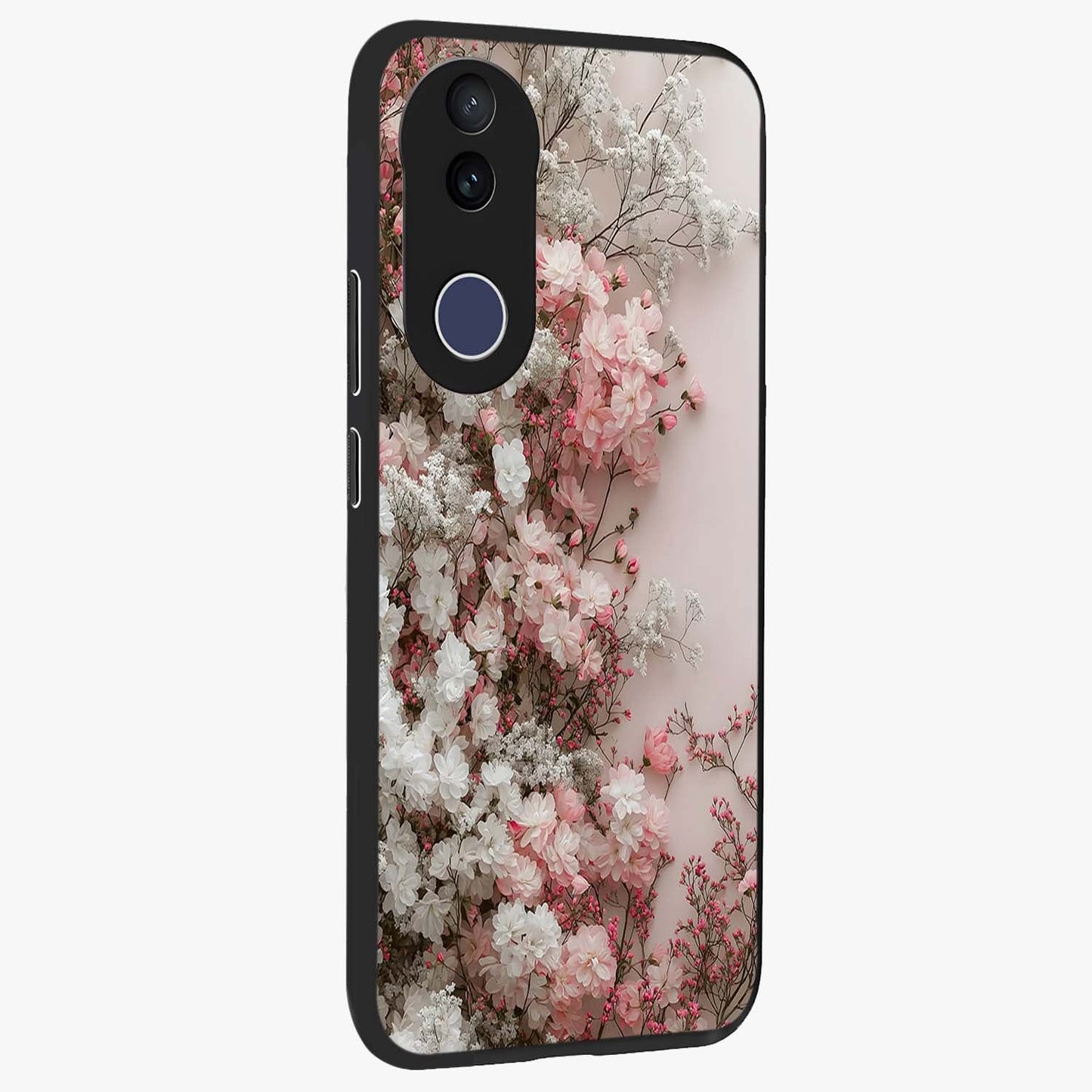 Blush Blossom Cloud Glass Case upright view showcasing calm floral cloud artwork with gentle dreamy theme.