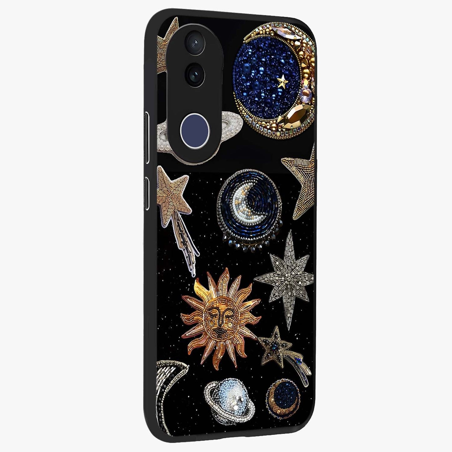 Celestial Gem Constellations Glass Case upright view showcasing cosmic constellation artwork with celestial aesthetic style.