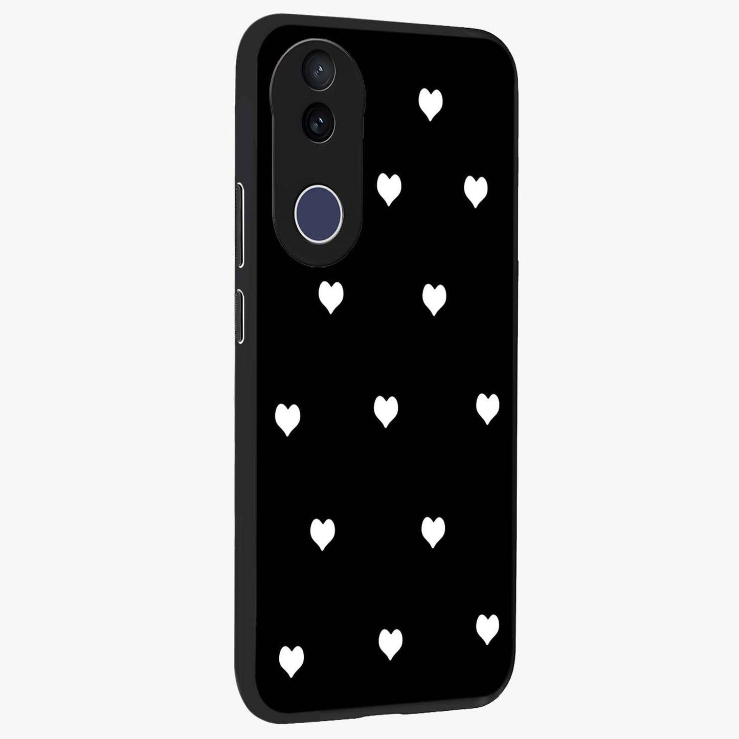 Cute And Simple White Hearts Glass Case upright view showcasing simple white hearts artwork with soft minimal theme.