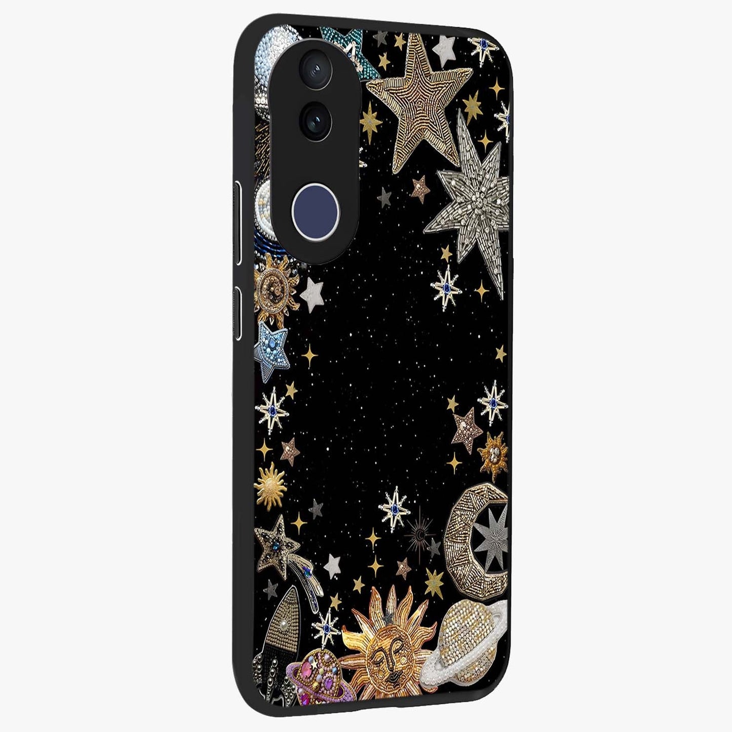 Galactic Jewel Stars Glass Case upright view showcasing glittering star jewel artwork with vibrant galaxy theme.