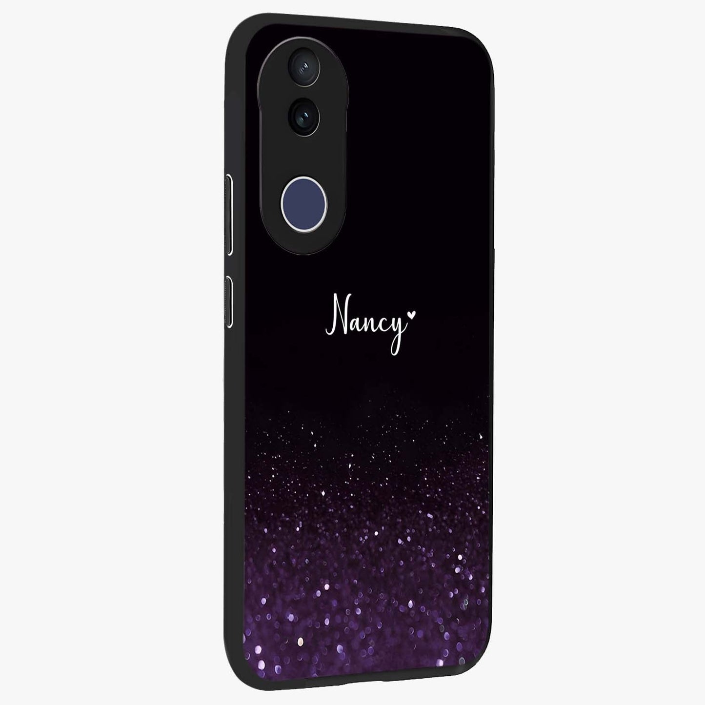 Glittery Purple Bokeh Custom Name Glass Case upright view showcasing vibrant purple sparkle artwork with personalized aesthetic style.