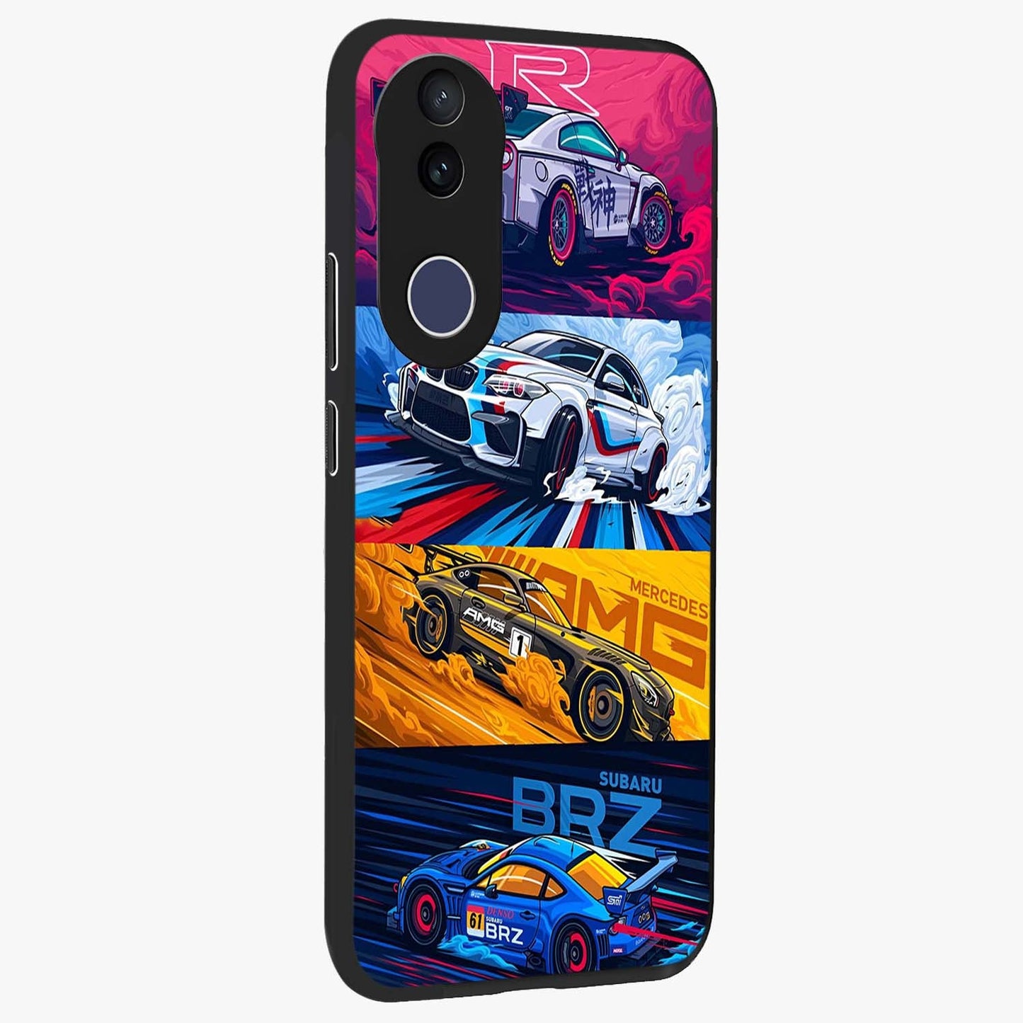 JDM Sports Car Glass Case upright view showcasing dynamic sports car artwork with bold racing theme.