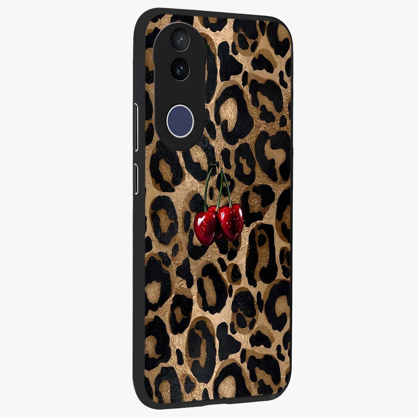 Leopard Wild Cherry Glass Case upright view showcasing stylish leopard pattern artwork with trendy fashion theme.