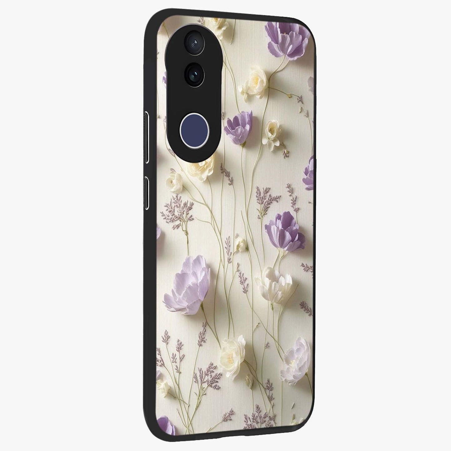 Lilac Breeze Harmony Glass Case upright view showcasing delicate lilac artwork with peaceful floral theme.