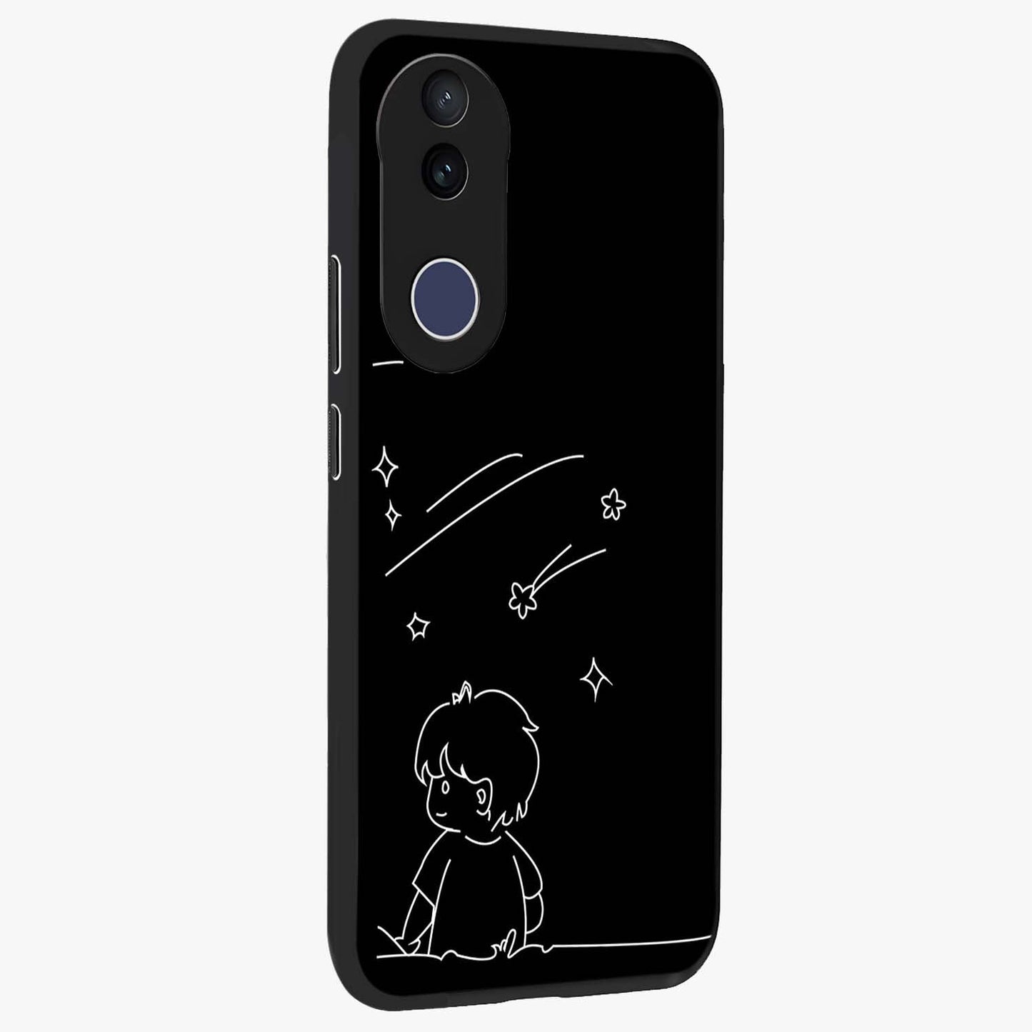 Line Art Boy With Shooting Stars Glass Case upright view showcasing artistic shooting star illustration with minimal style.