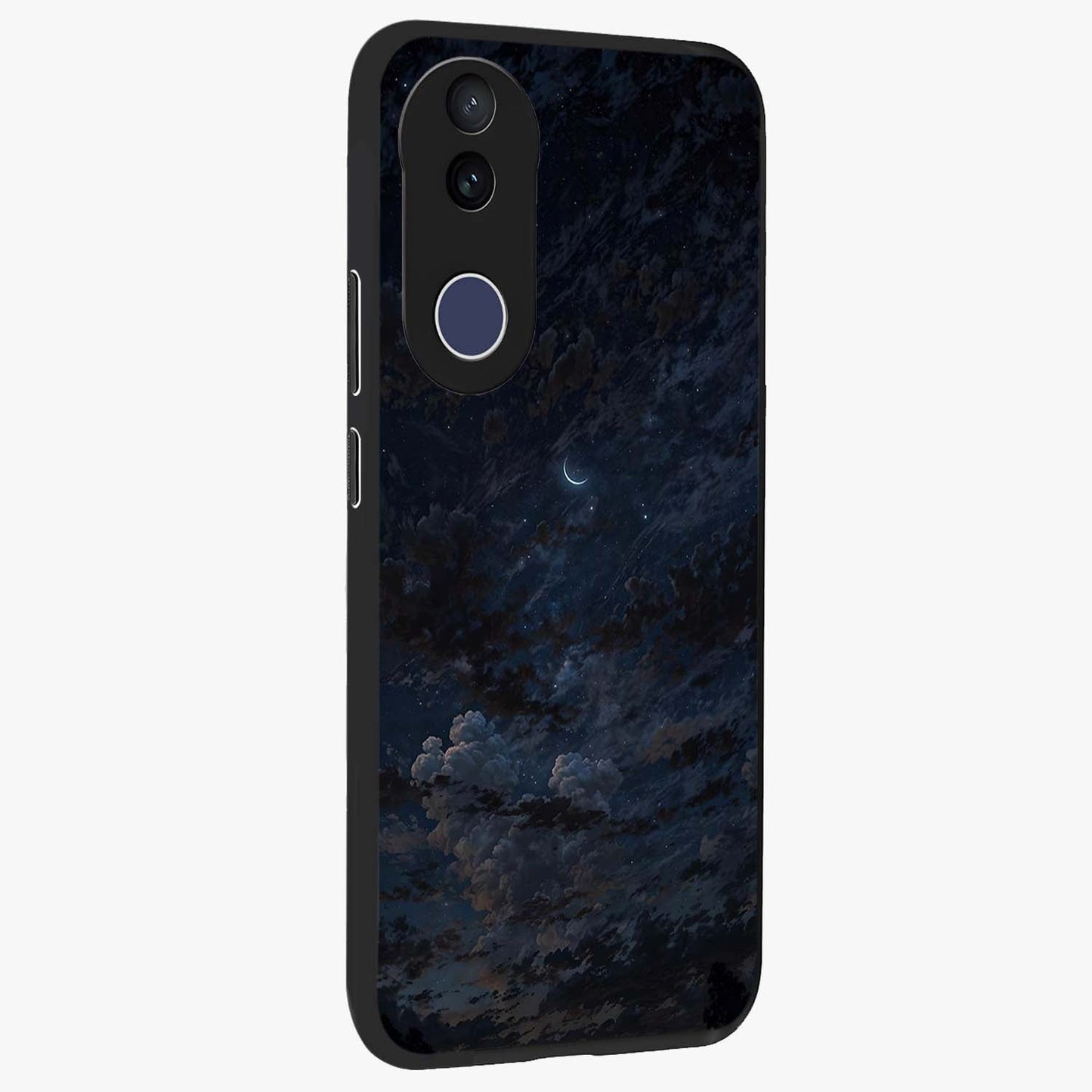 Lunar Veil Silence Glass Case upright view showcasing calm moon themed artwork with serene night atmosphere.