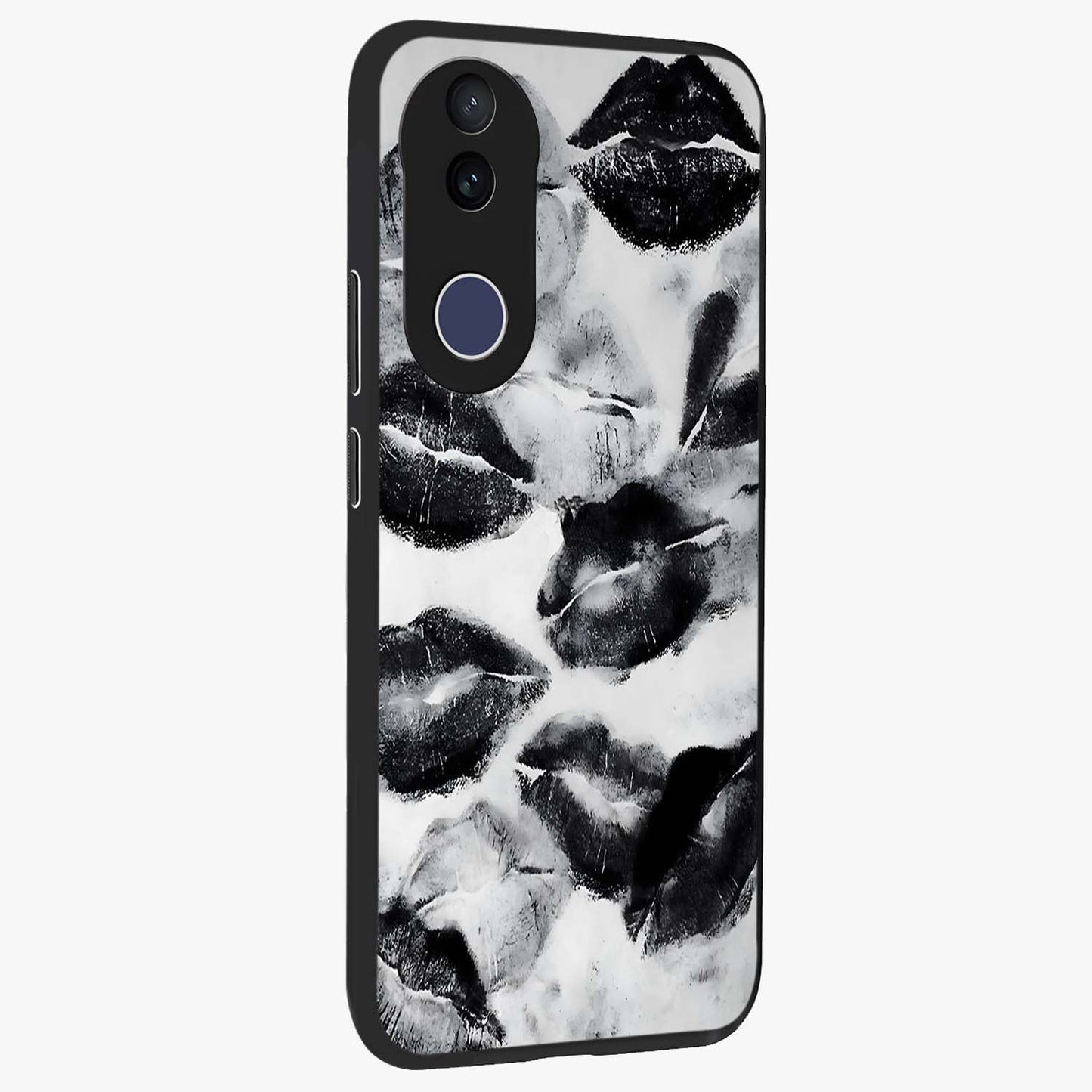 Midnight Kiss Marks Glass Case upright view showcasing stylish kiss mark artwork with trendy romantic theme.