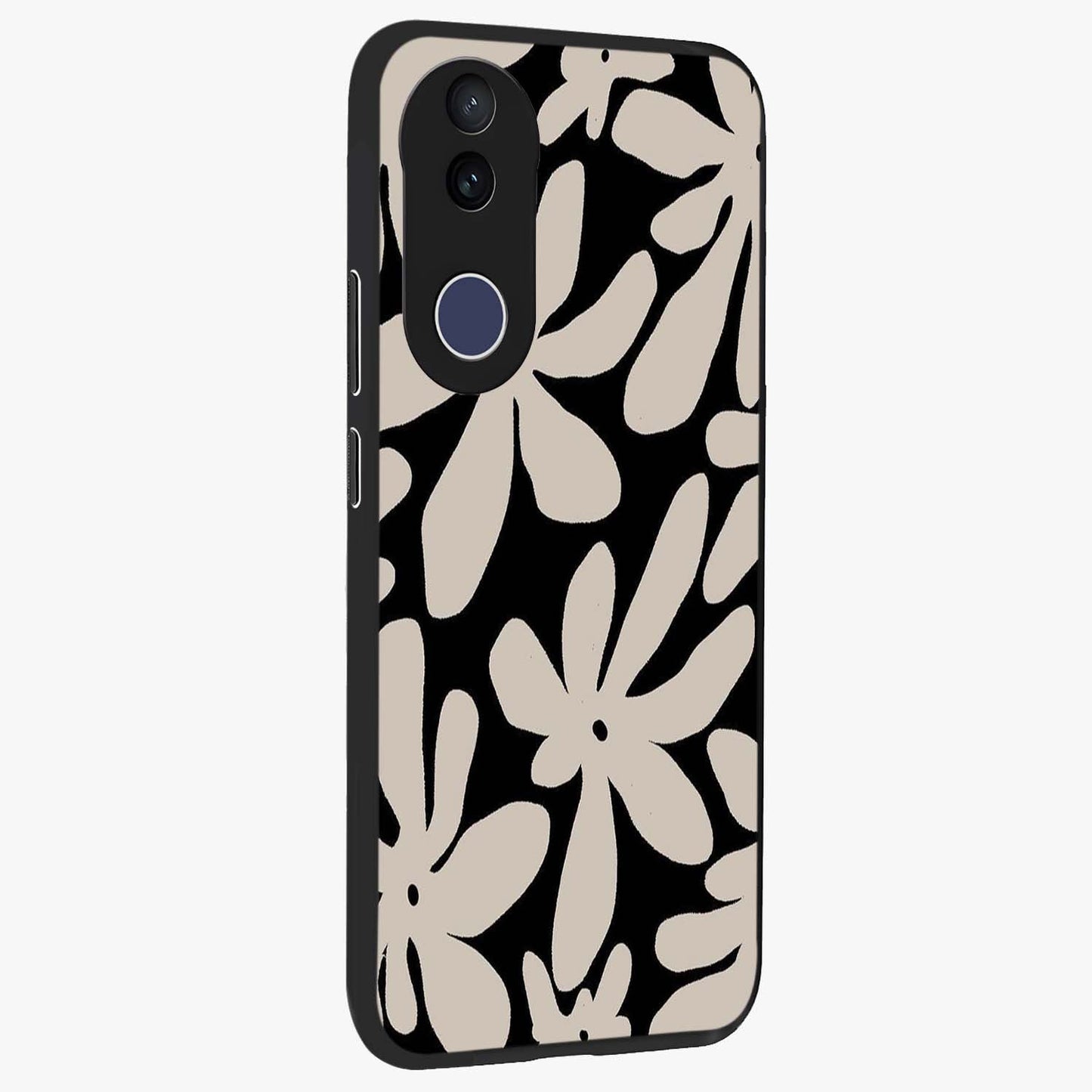 Monochrome Petal Dance Glass Case upright view showcasing artistic floral pattern with stylish monochrome theme.