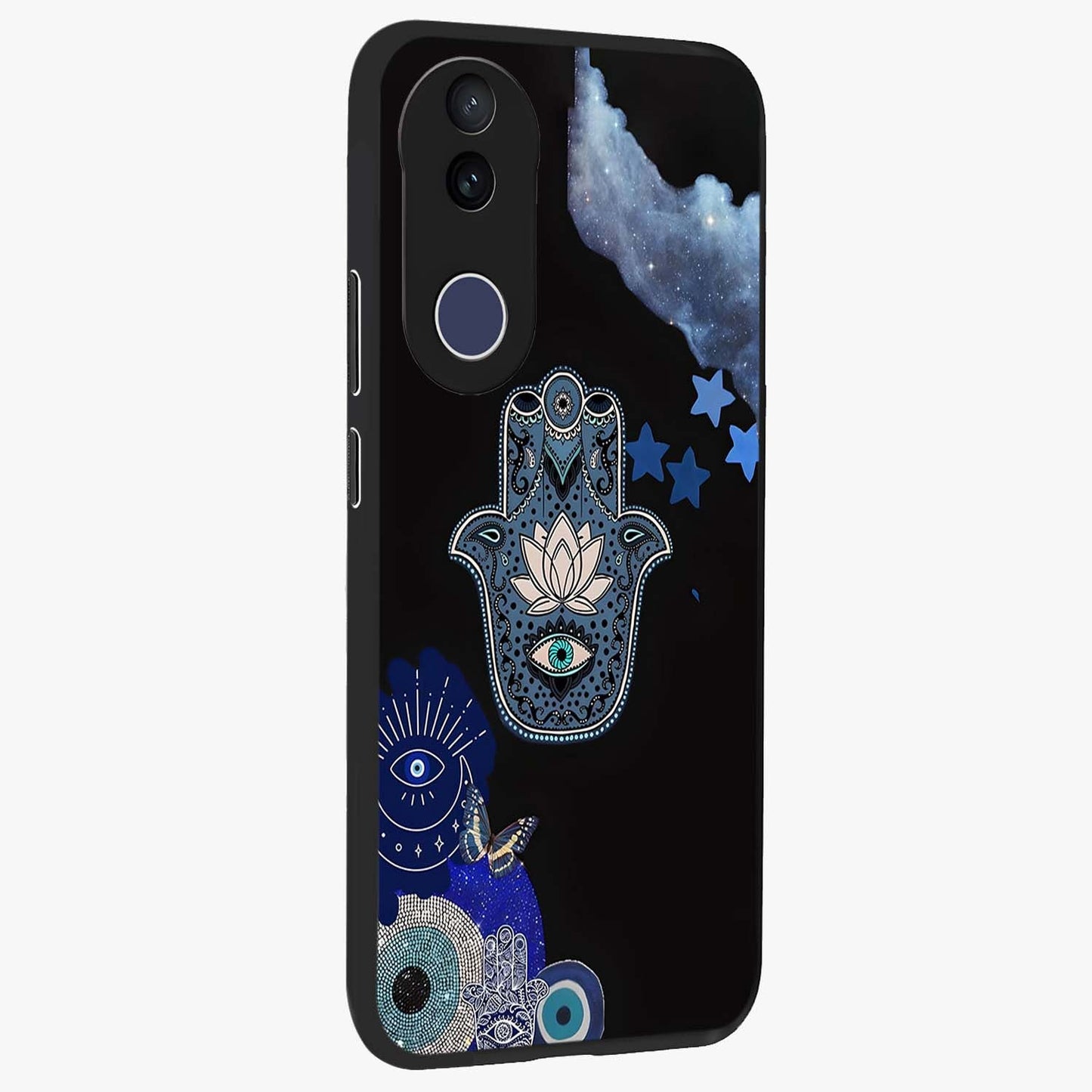 Mystic Hand Aura Glass Case upright view showcasing symbolic hand artwork with mystical energy theme.
