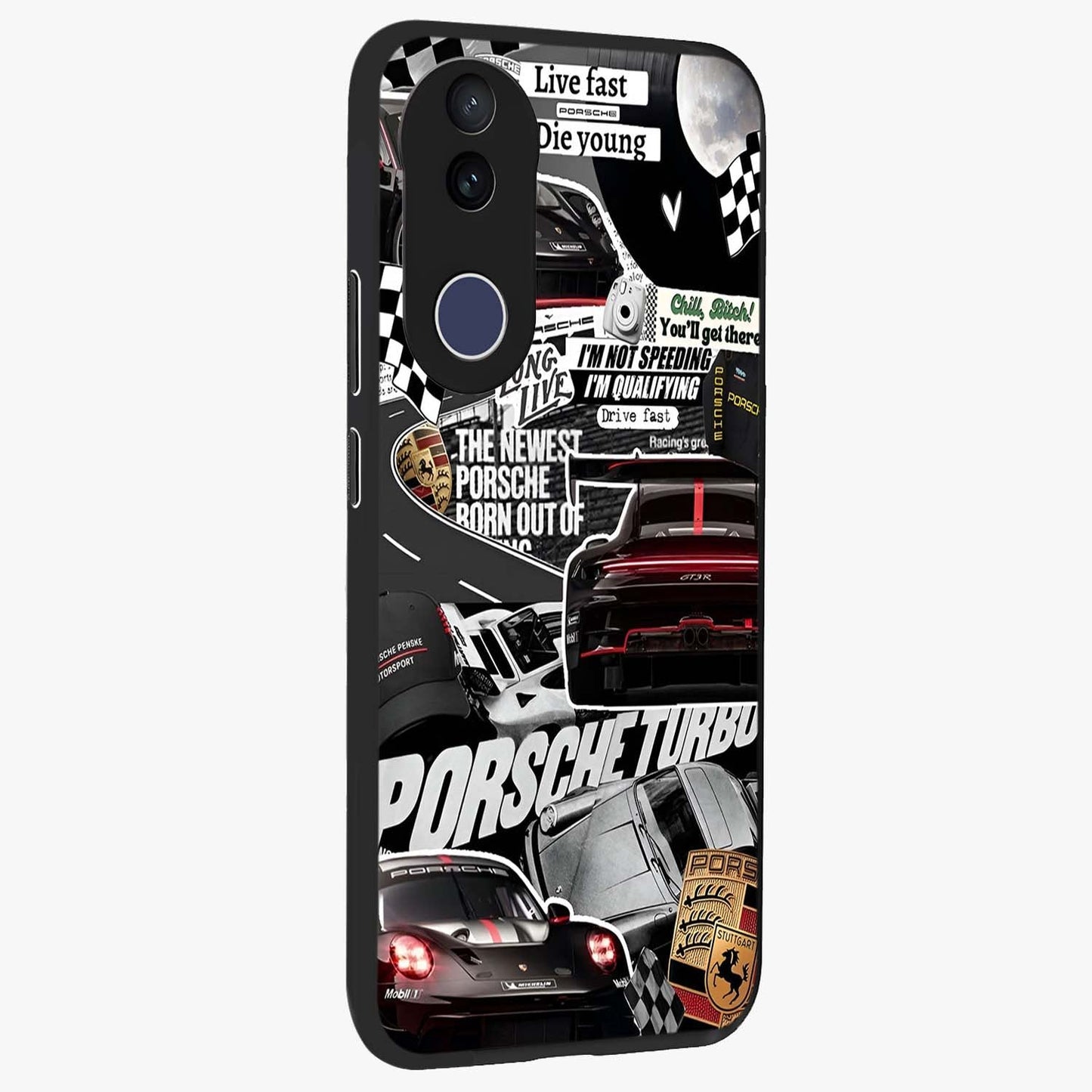 Porsche Racing Collage Glass Case upright view showcasing energetic car collage artwork with high speed racing theme.