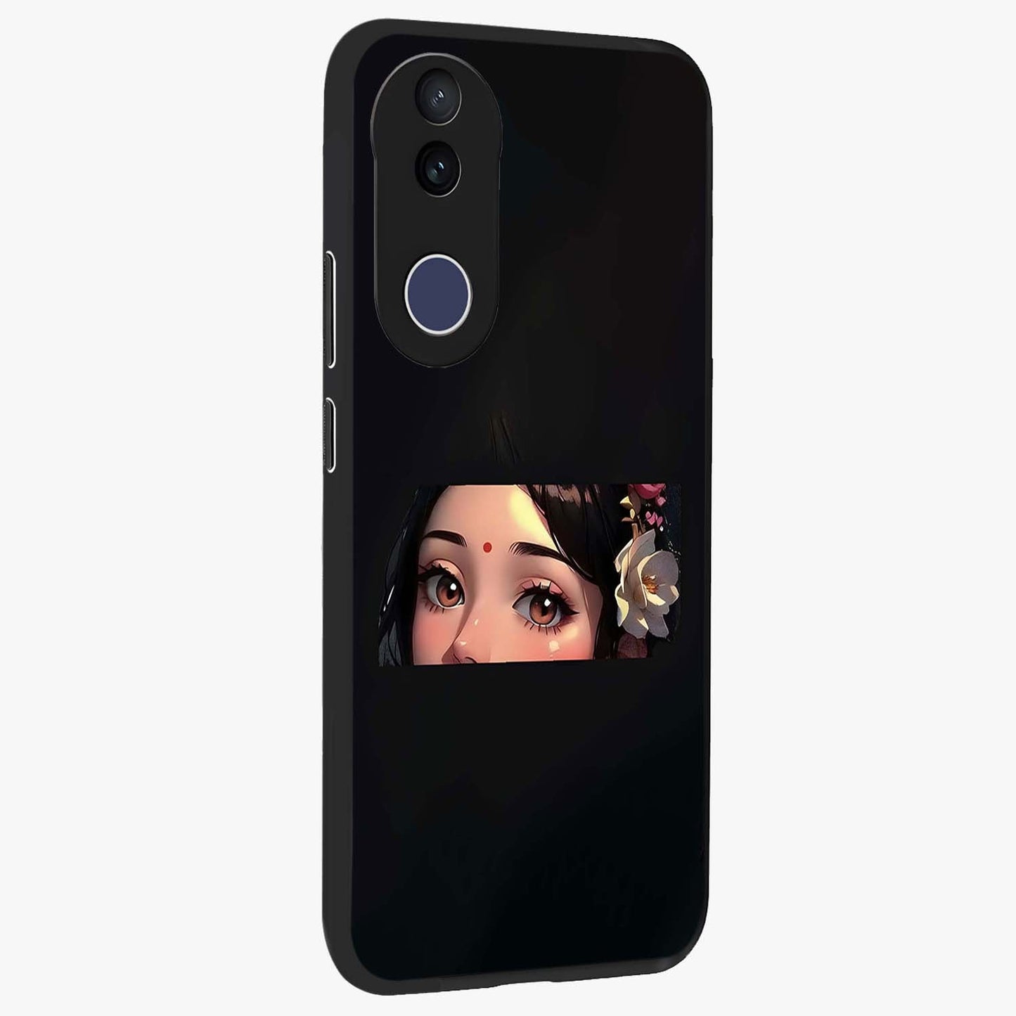 Radha Divine Embrace Glass Case upright view showcasing sacred Radha themed artwork with peaceful devotional style.