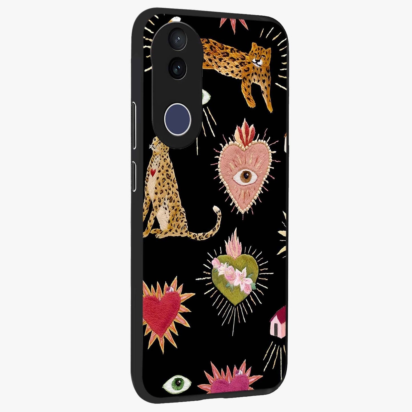 Sacred Jungle Heart Glass Case upright view showcasing vibrant jungle artwork with symbolic heart theme.