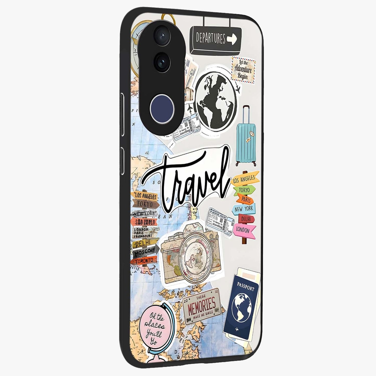 Wanderlust Journal Glass Case upright view showcasing wanderlust inspired artwork with creative exploration theme.