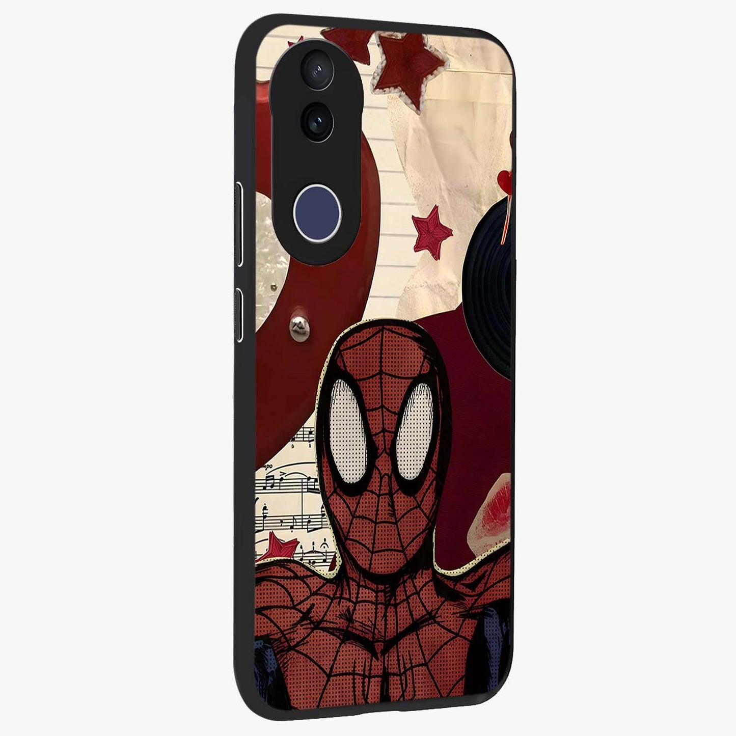 Web Warrior Vibes Glass Case upright view showcasing energetic superhero artwork with bold action theme.