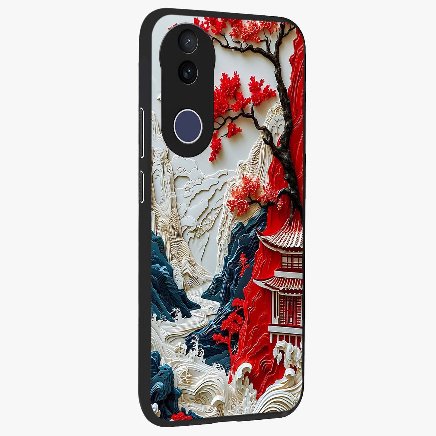 Whispers Of Sakura Waves Glass Case upright view showcasing delicate cherry blossom artwork with elegant nature theme.