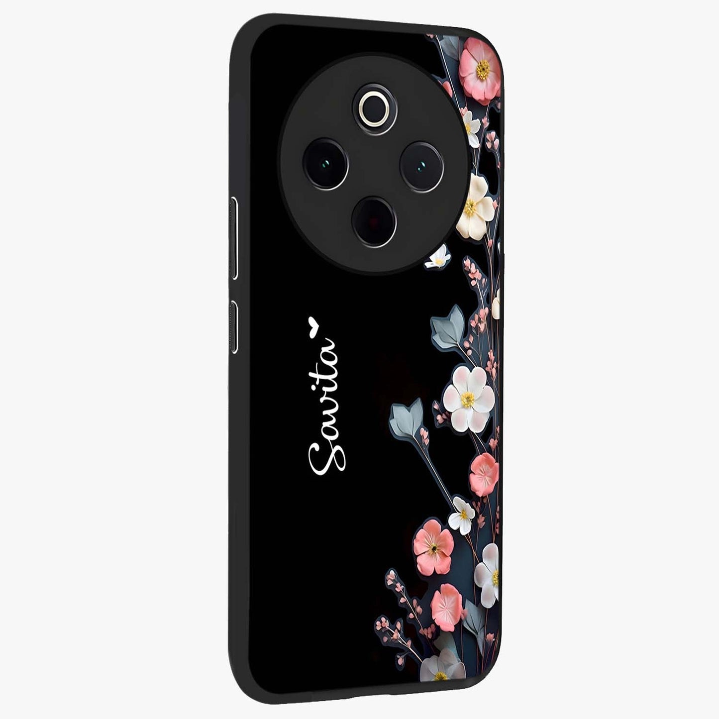 Black Elegance Floral Custom Name Glass Case upright view showcasing luxurious black floral design with personalized name detail.
