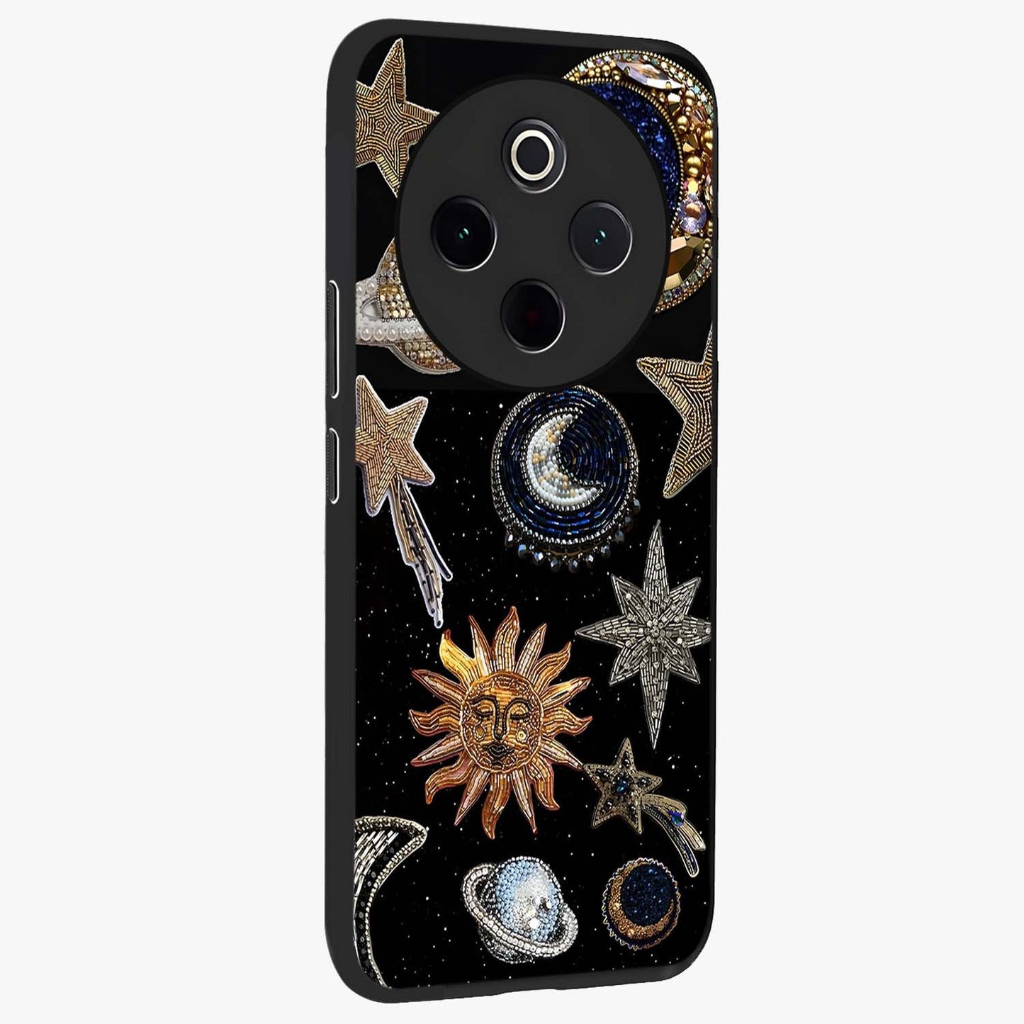 Celestial Gem Constellations Glass Case upright view showcasing cosmic constellation artwork with celestial aesthetic style.