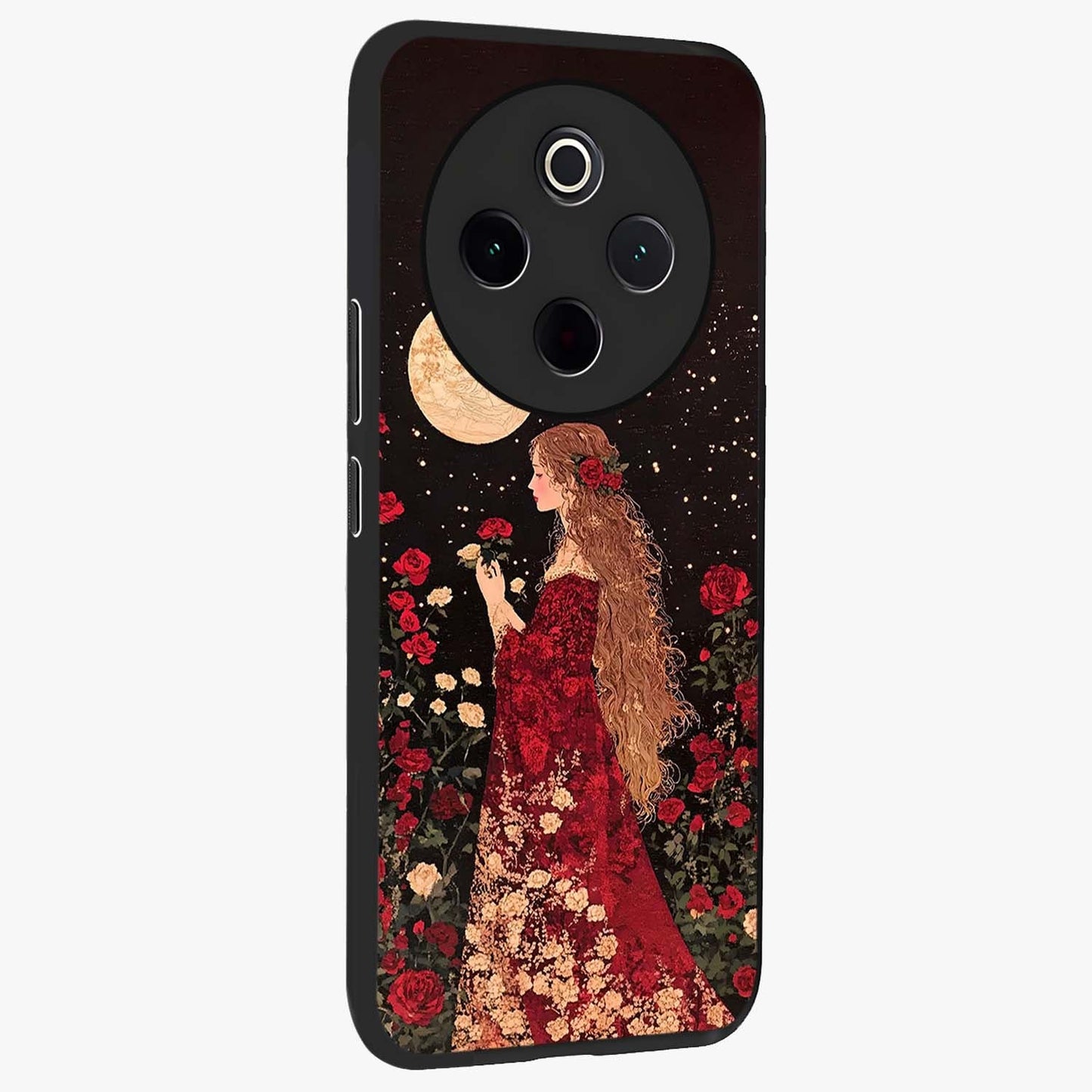 Crimson Dreams Glass Case upright view showcasing dreamy red toned artwork with modern aesthetic style.