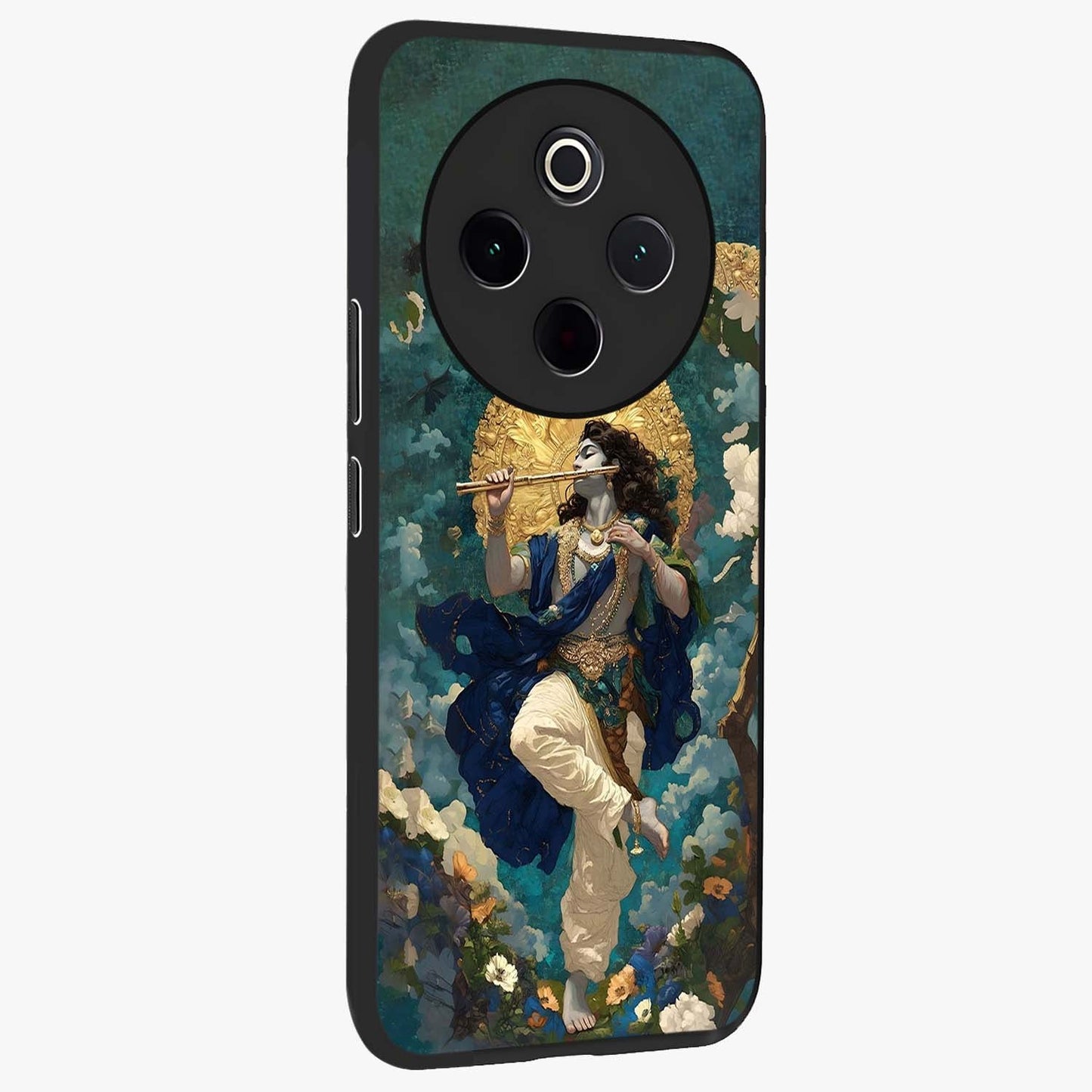 Divine Krishna Art Glass Case upright view showcasing divine Krishna artwork with sacred artistic theme.
