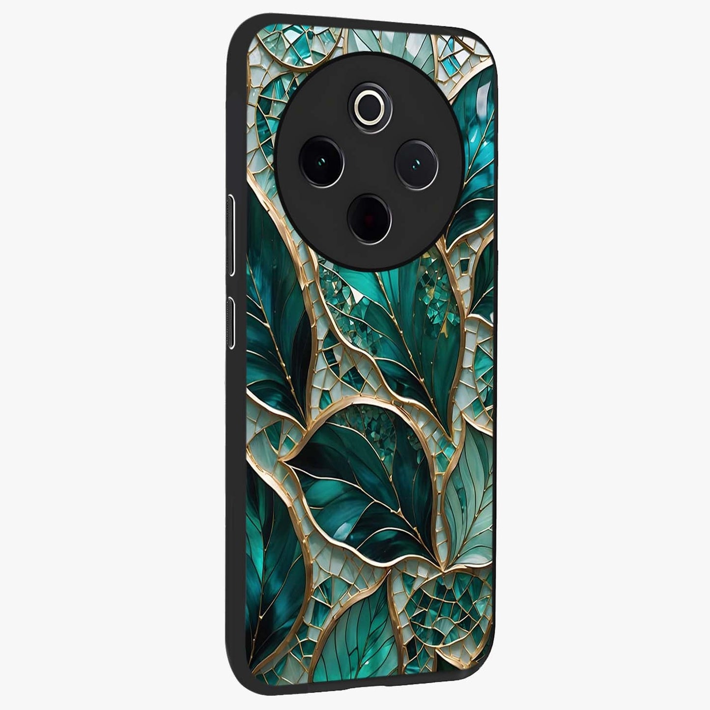 Emerald Leaf Glass Glass Case upright view showcasing fresh green leaf artwork with calming nature inspired style.
