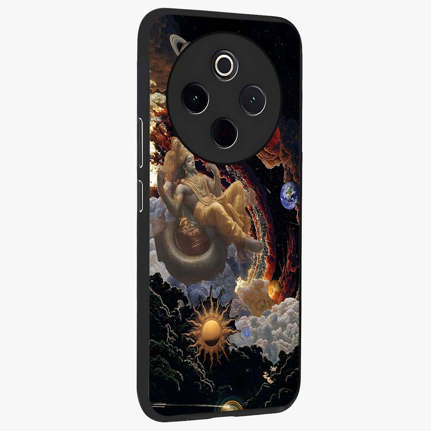 Galactic Divine God Glass Case upright view showcasing mystical divine artwork with dramatic cosmic theme.