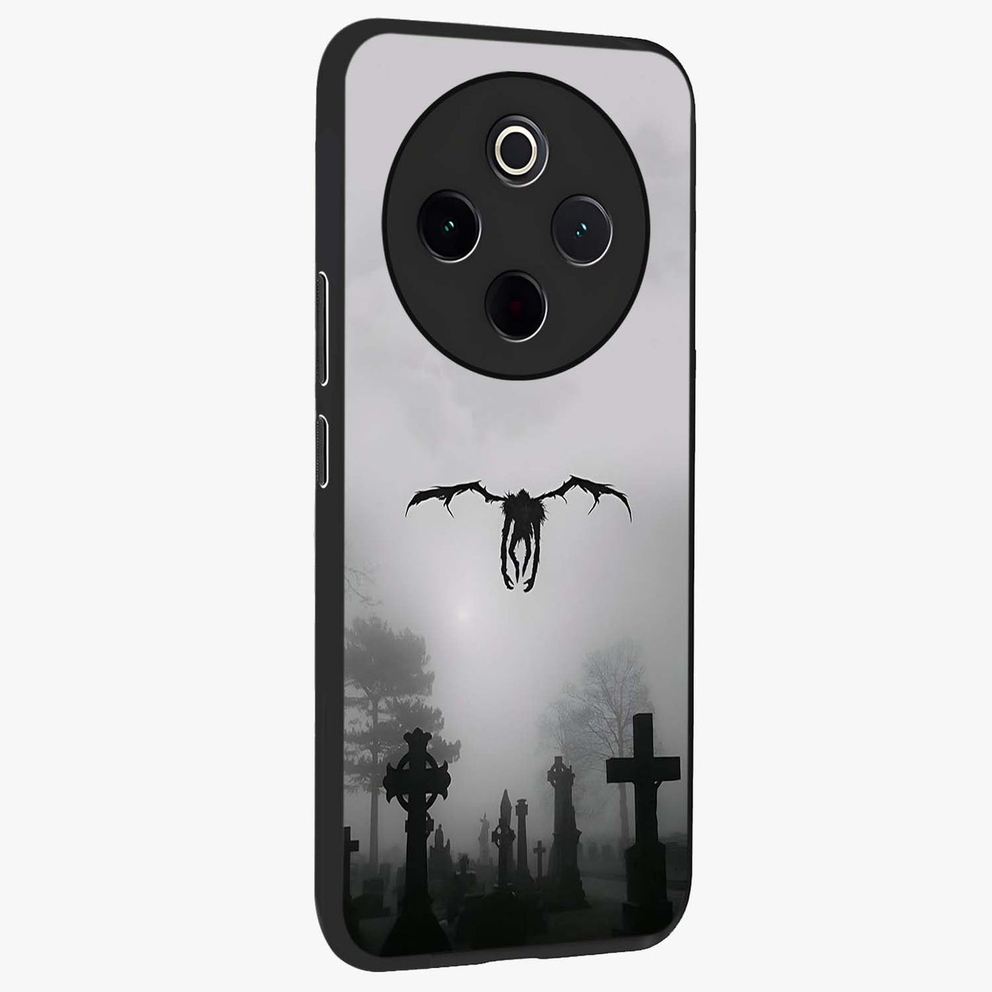 Graveyard Shadow Descent Glass Case upright view showcasing haunting graveyard artwork with dramatic dark theme.