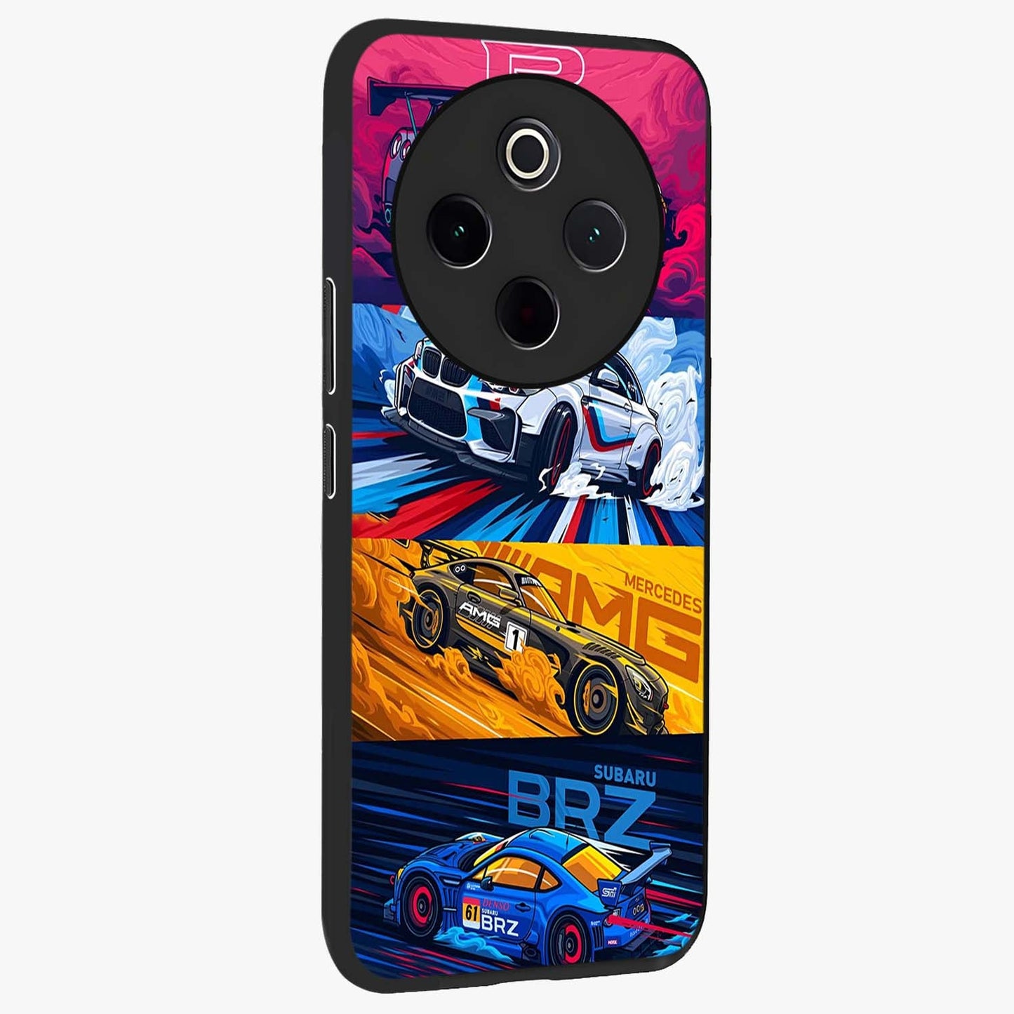 JDM Sports Car Glass Case upright view showcasing dynamic sports car artwork with bold racing theme.