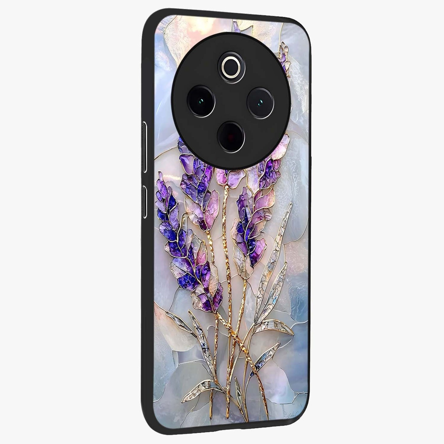 Lavender Dream Glow Glass Case upright view showcasing radiant lavender glow artwork with calming dreamy theme.