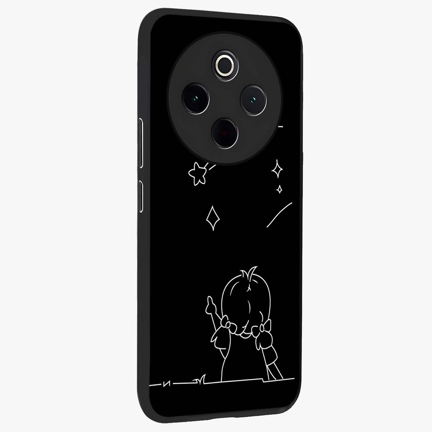 Line Art Girl With Shooting Stars Glass Case upright view showcasing delicate shooting stars artwork with minimal artistic theme.