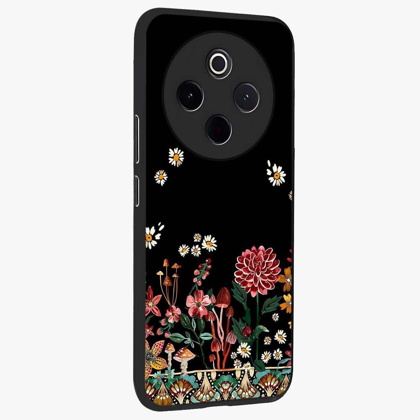Midnight Bloom Pattern Glass Case upright view showcasing decorative floral artwork with deep night themed palette.