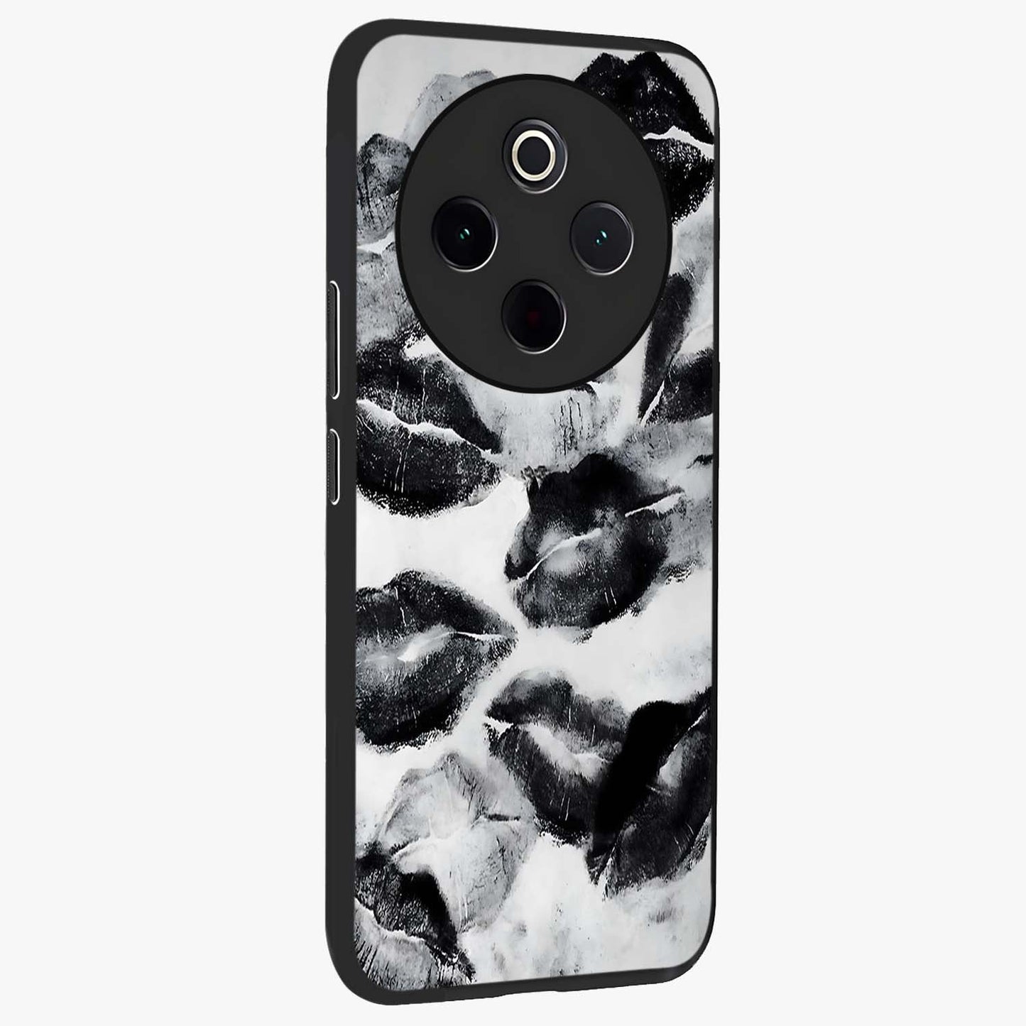 Midnight Kiss Marks Glass Case upright view showcasing stylish kiss mark artwork with trendy romantic theme.