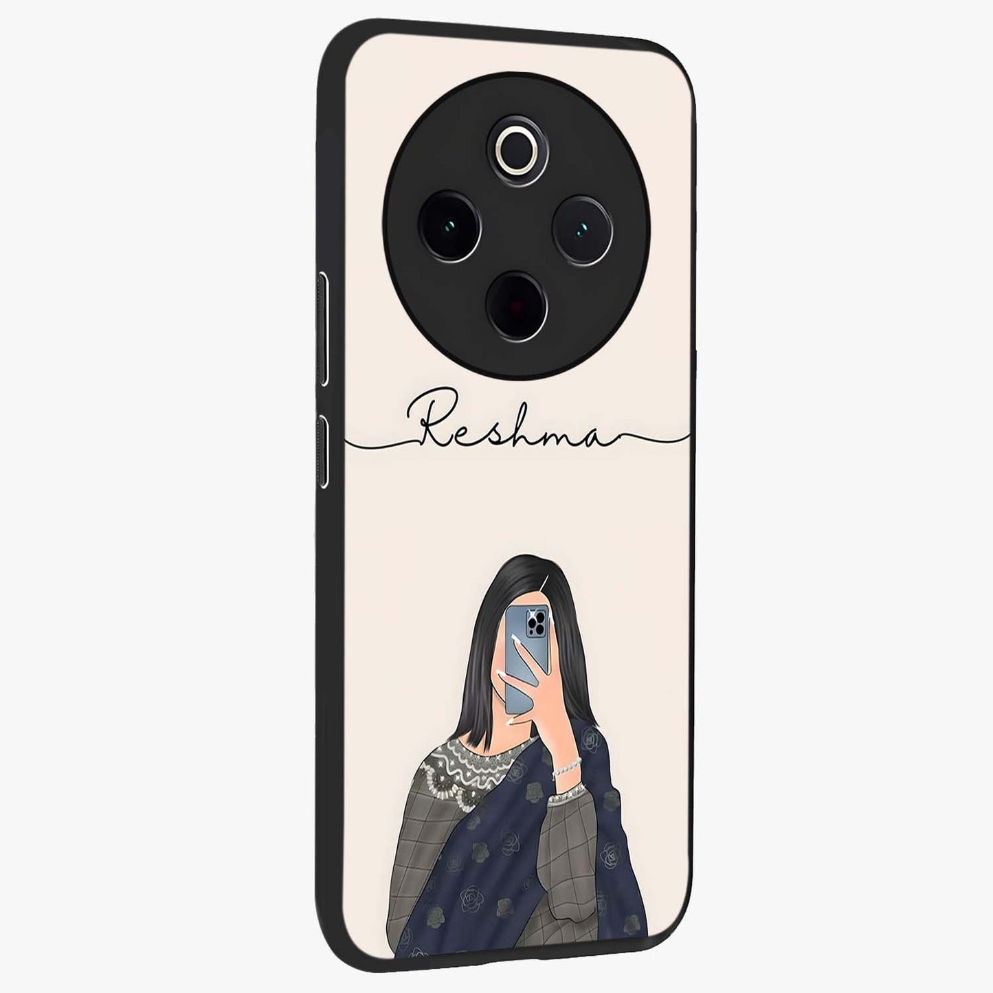 Mirror Mood Muse With Custom Name Glass Case upright view showcasing artistic mirror themed artwork with personalized aesthetic.
