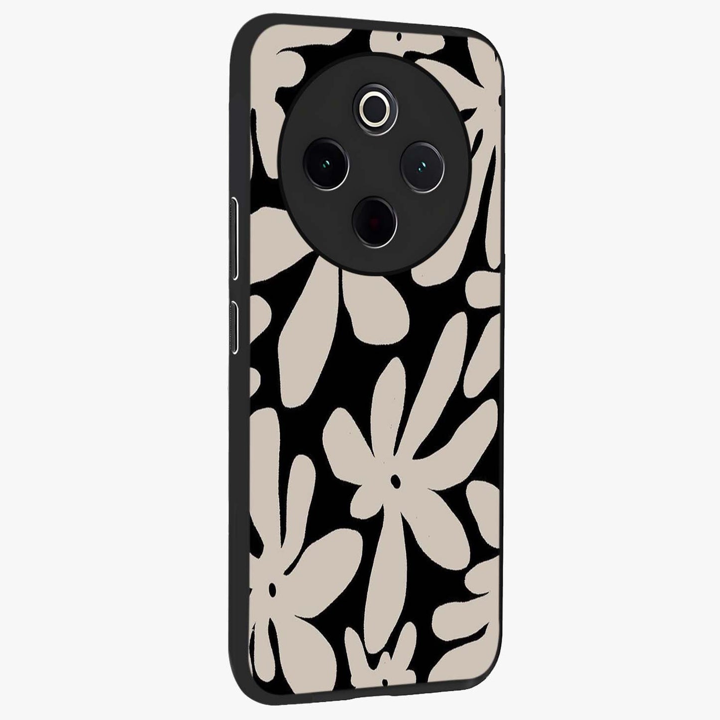 Monochrome Petal Dance Glass Case upright view showcasing artistic floral pattern with stylish monochrome theme.