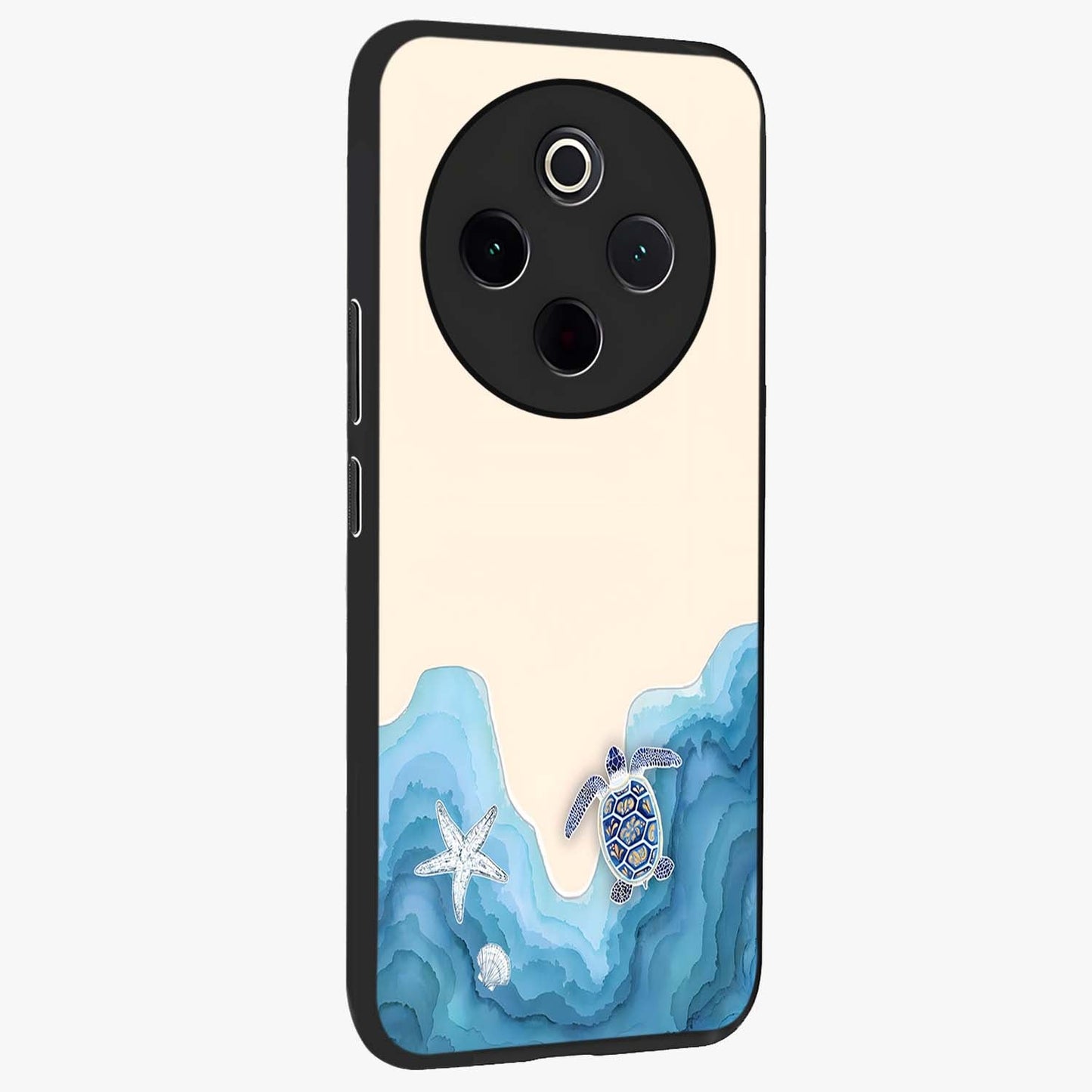Ocean Drift Turtle Glass Case upright view showcasing calm underwater turtle artwork with nature inspired theme.
