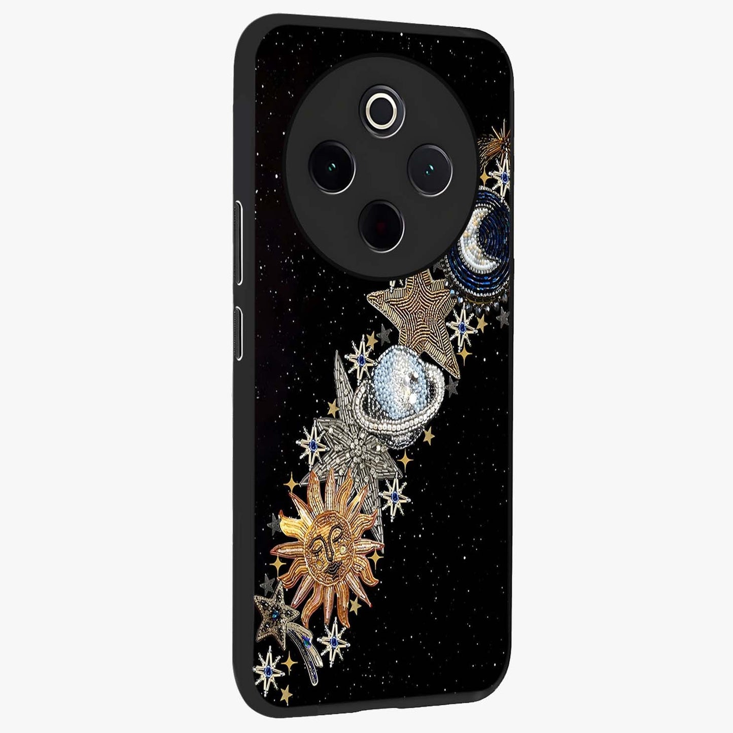 Pearls Universe Object Glass Case upright view showcasing decorative pearl themed artwork with cosmic elegance.