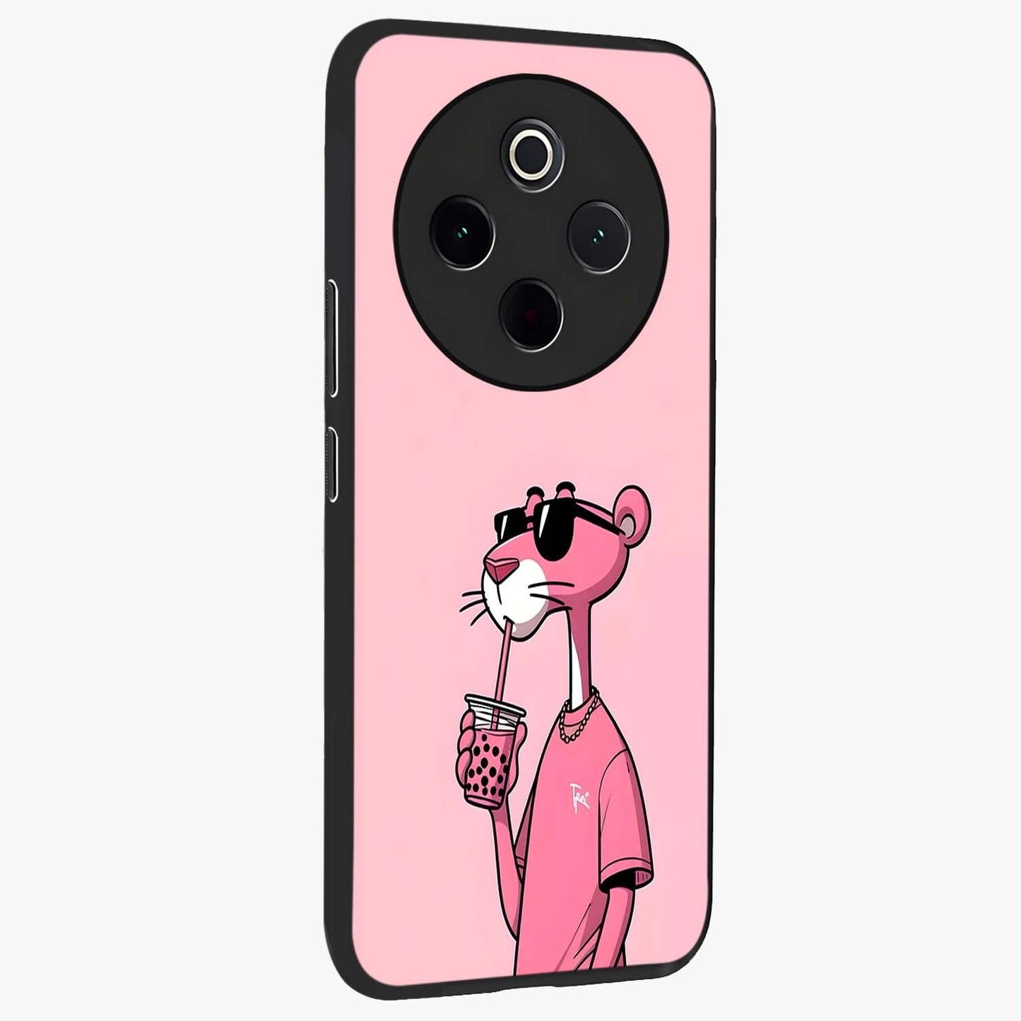 Pink Panther Glass Case upright view showcasing fun animated artwork with stylish retro cartoon theme.