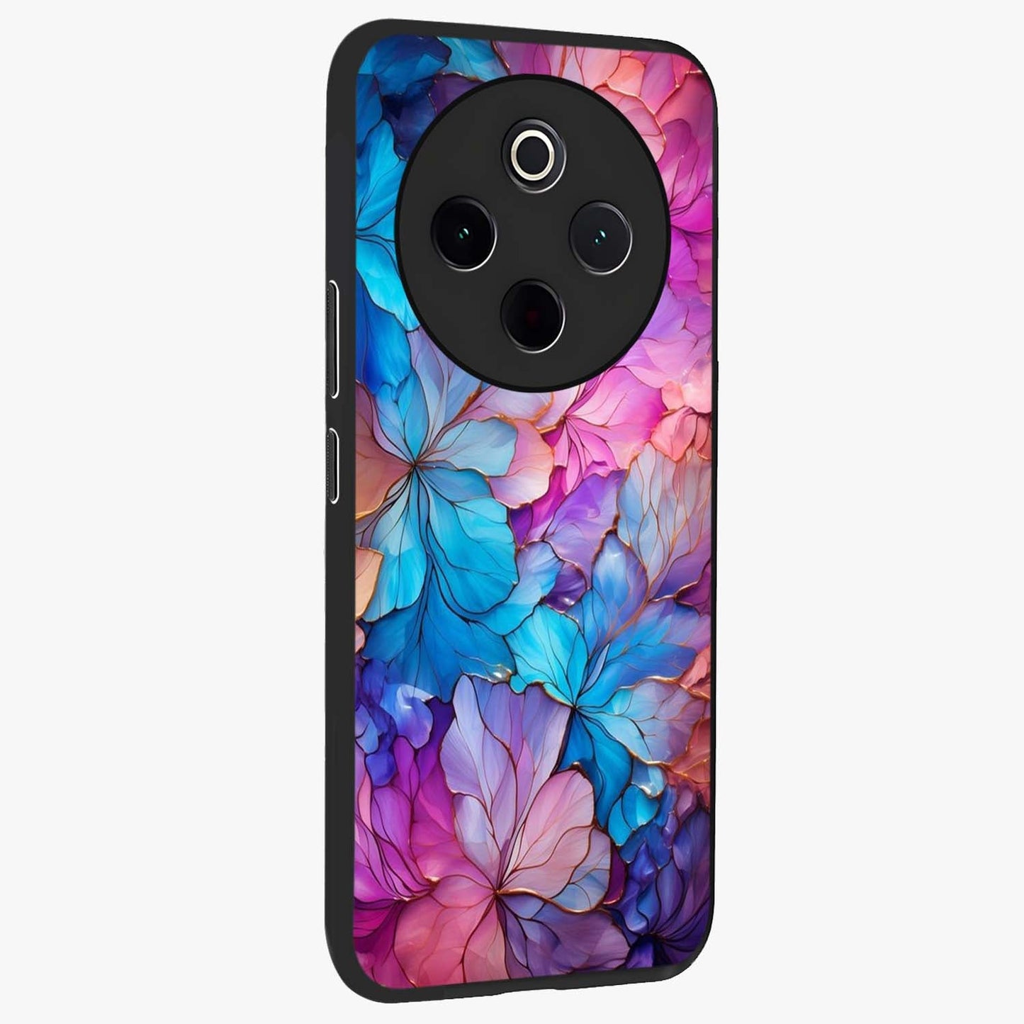 Radiant Floral Whirl Glass Case upright view showcasing lively floral artwork with decorative swirl theme.